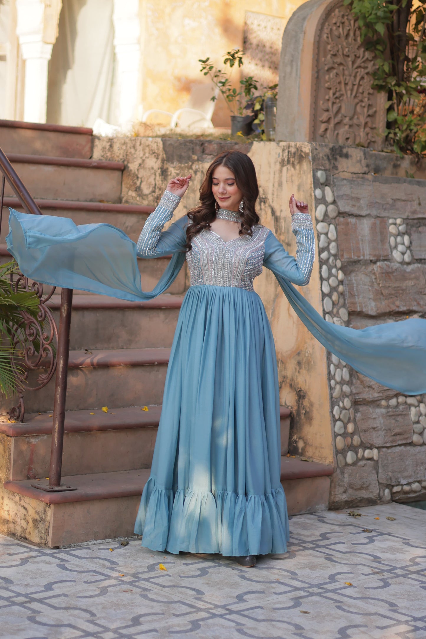 Lavender Star Georgette Sequins Work Gown With Dupatta