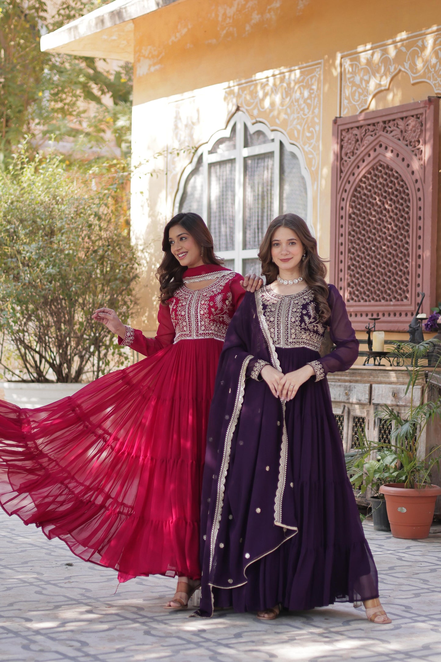 Purple Attractive Embroidered Pearl Work Gown With Dupatta