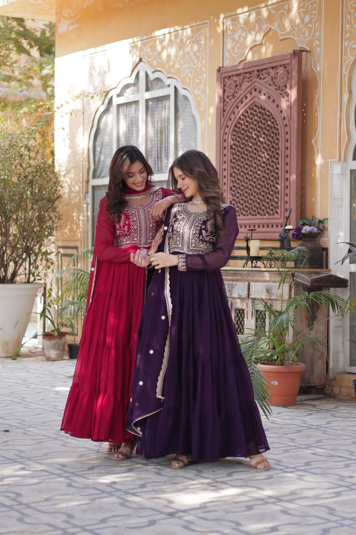 Purple Attractive Embroidered Pearl Work Gown With Dupatta