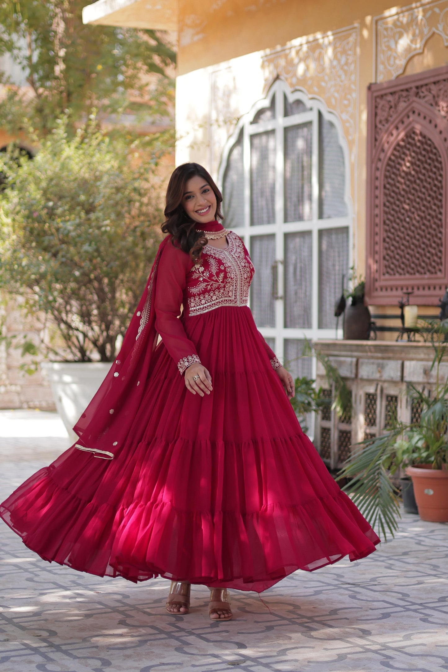 Purple Attractive Embroidered Pearl Work Gown With Dupatta