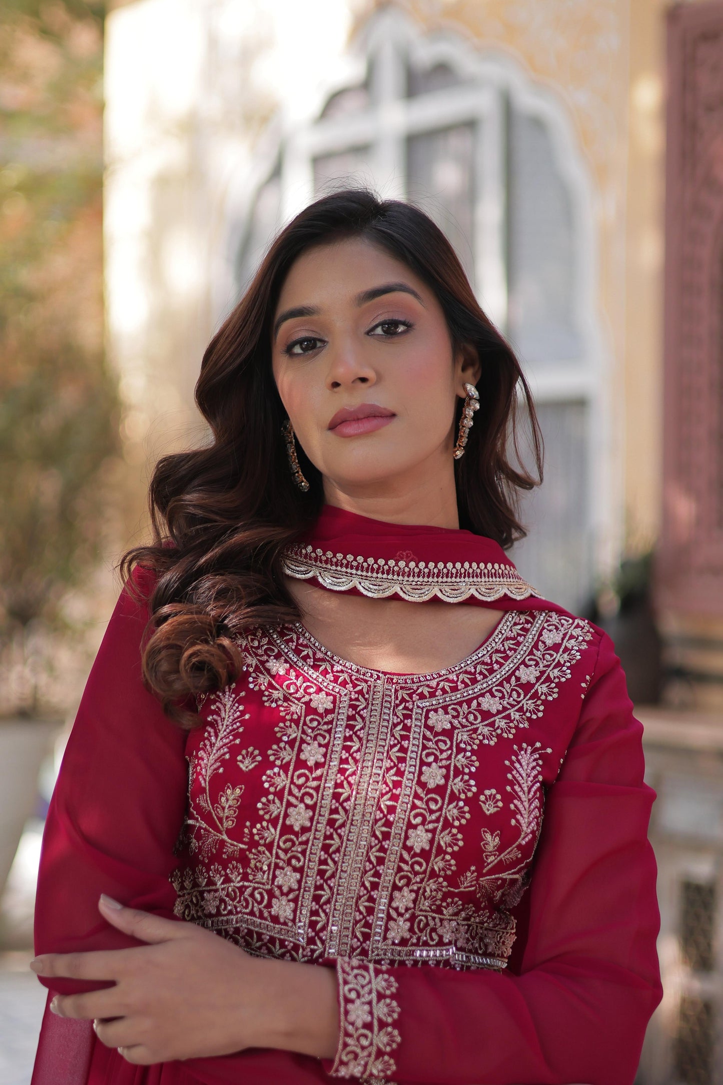 Purple Attractive Embroidered Pearl Work Gown With Dupatta