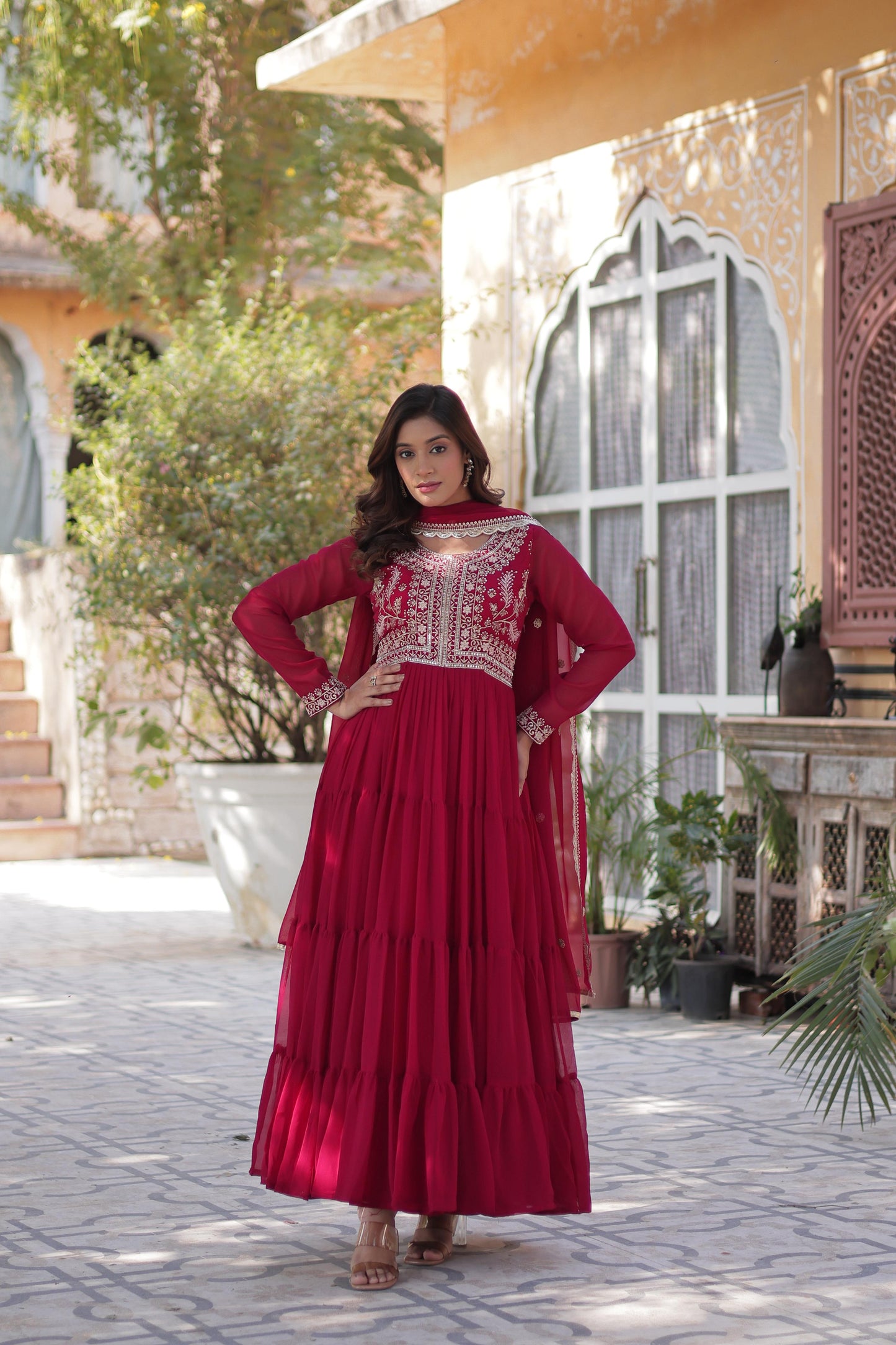 Purple Attractive Embroidered Pearl Work Gown With Dupatta