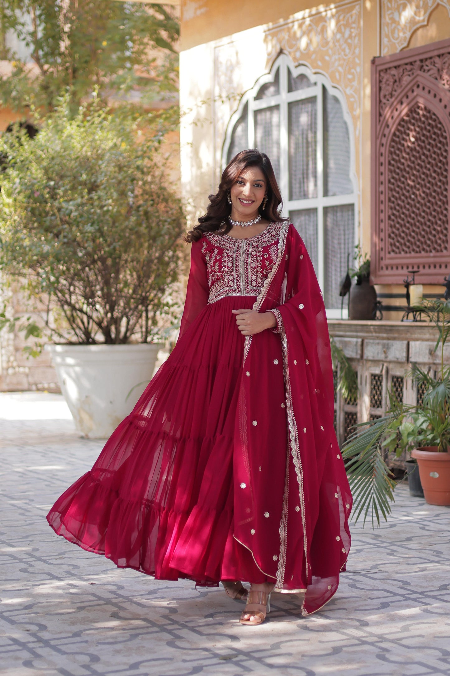 Purple Attractive Embroidered Pearl Work Gown With Dupatta