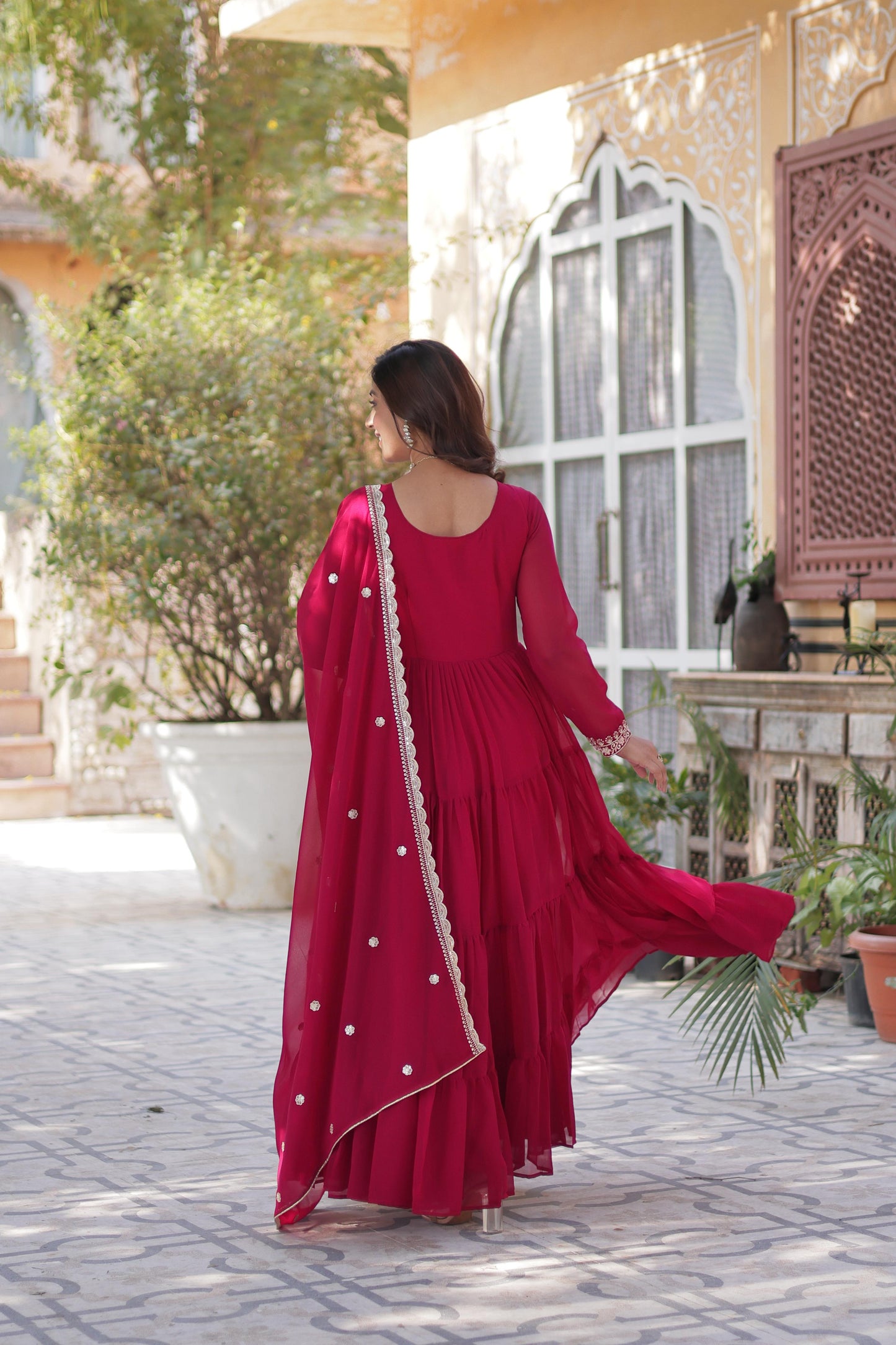 Purple Attractive Embroidered Pearl Work Gown With Dupatta