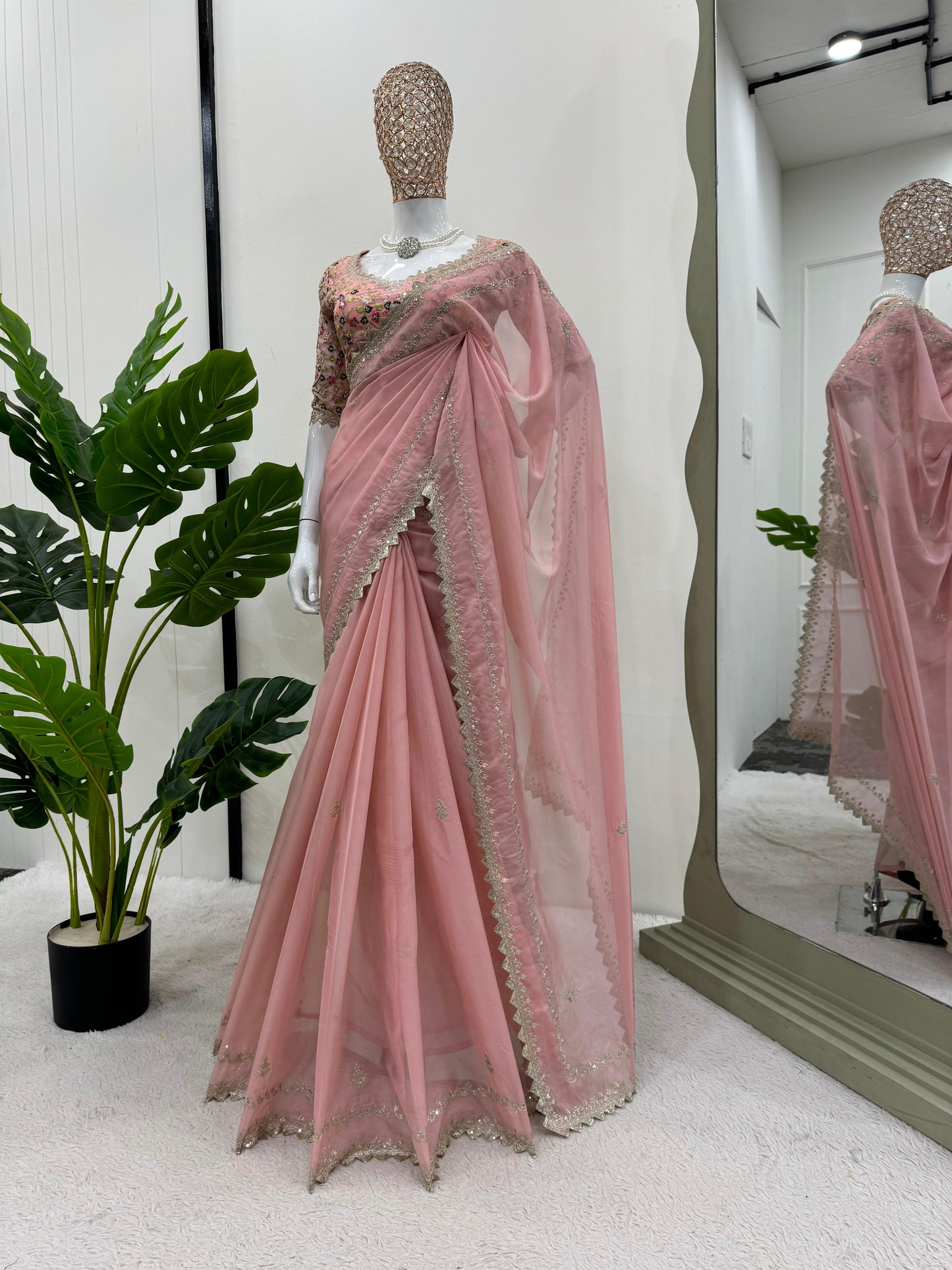 Baby Pink Tibby Silk Saree