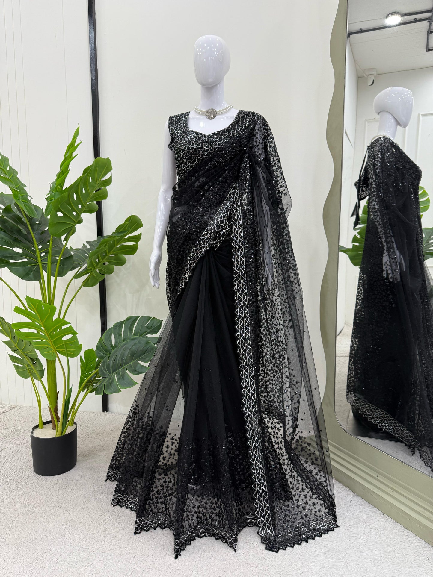 Black Soft Net With Sequence Work Saree
