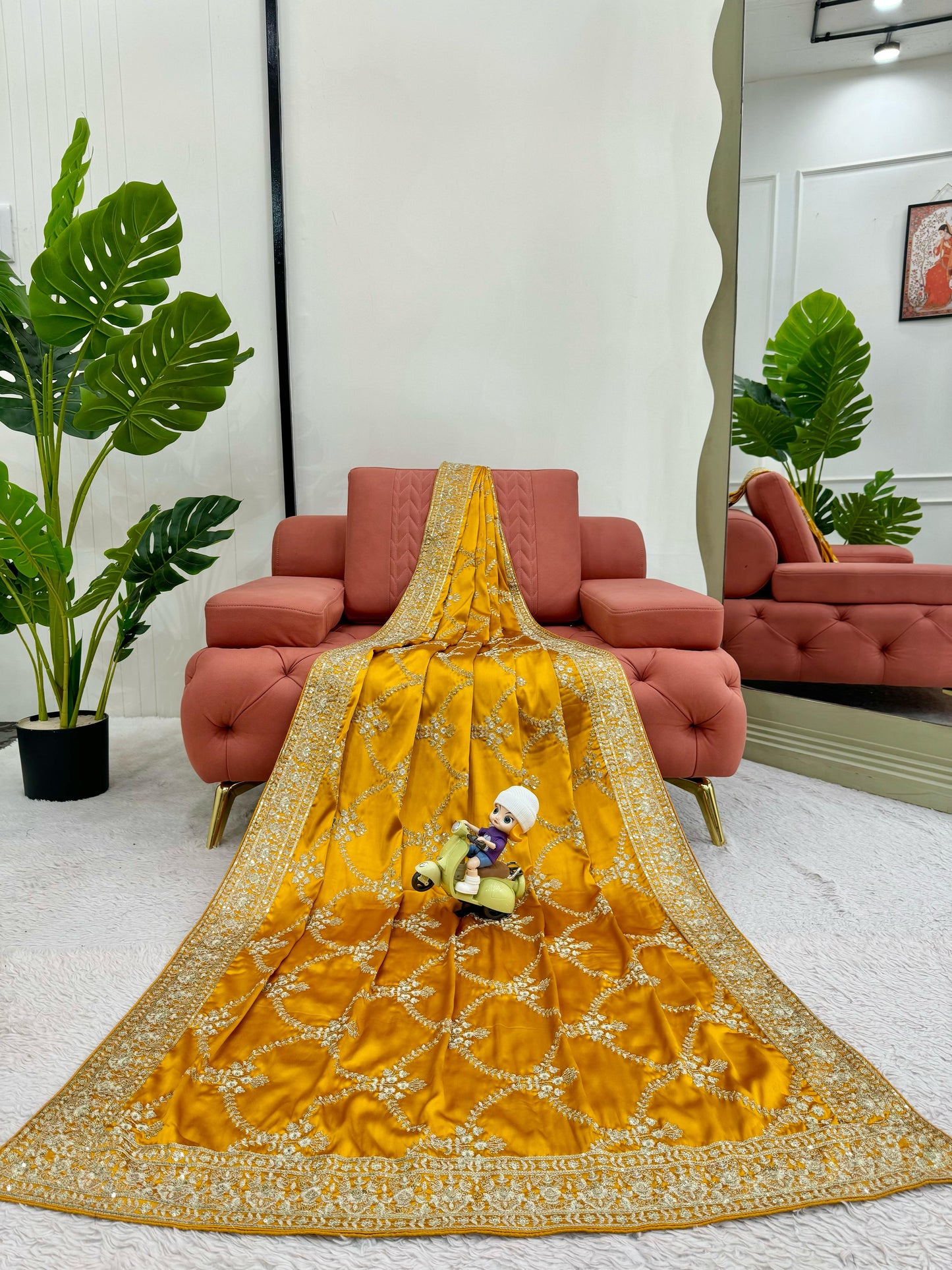Yellow Japan Satin Silk Saree