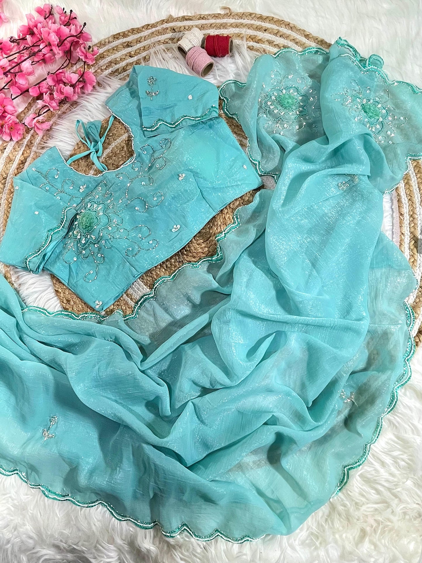 Pure Soft Crunchy Silk With Cutdana & Moti Work Saree
