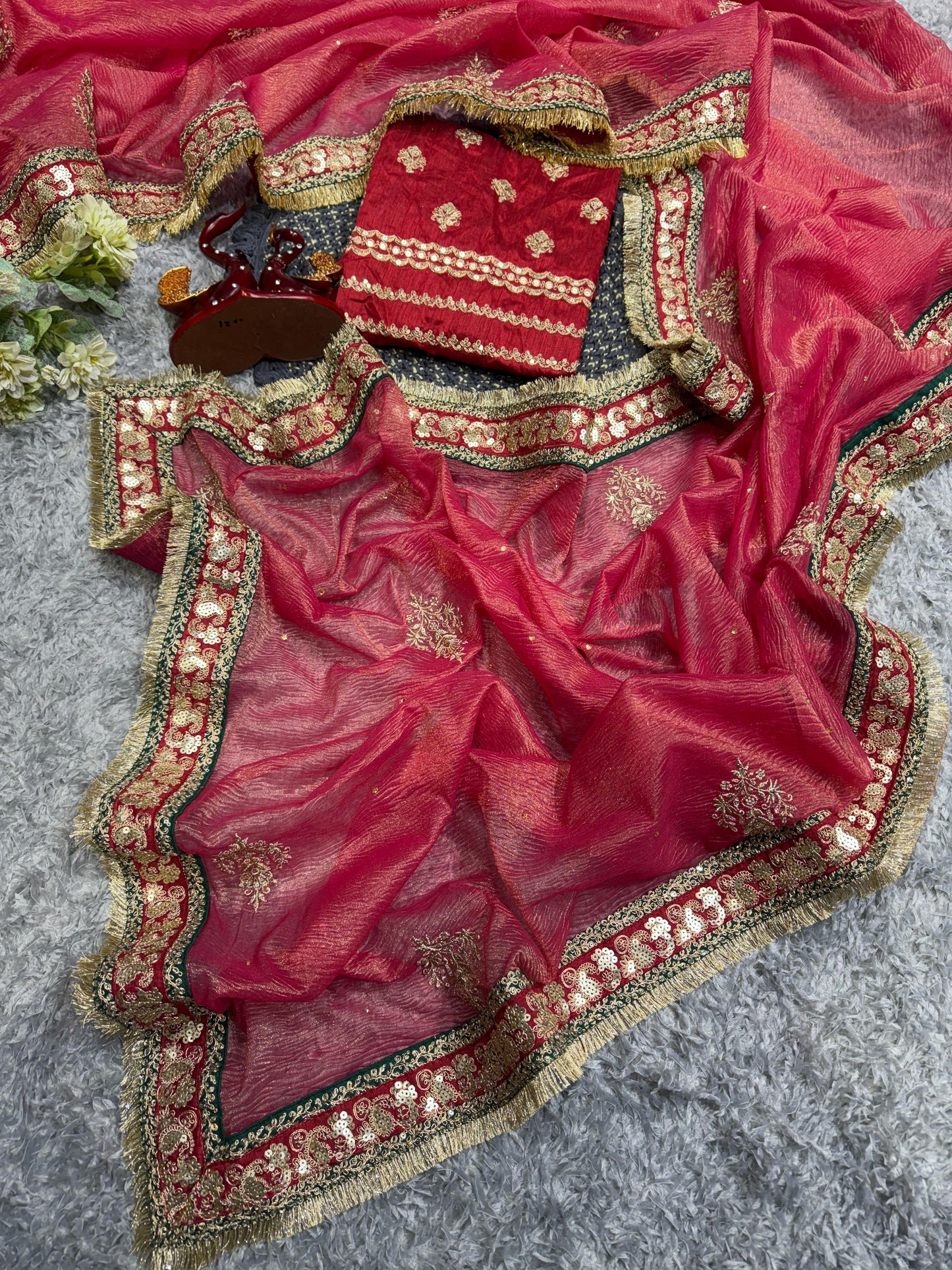 Red Banarasi Crush Beautiful sequins Work Saree