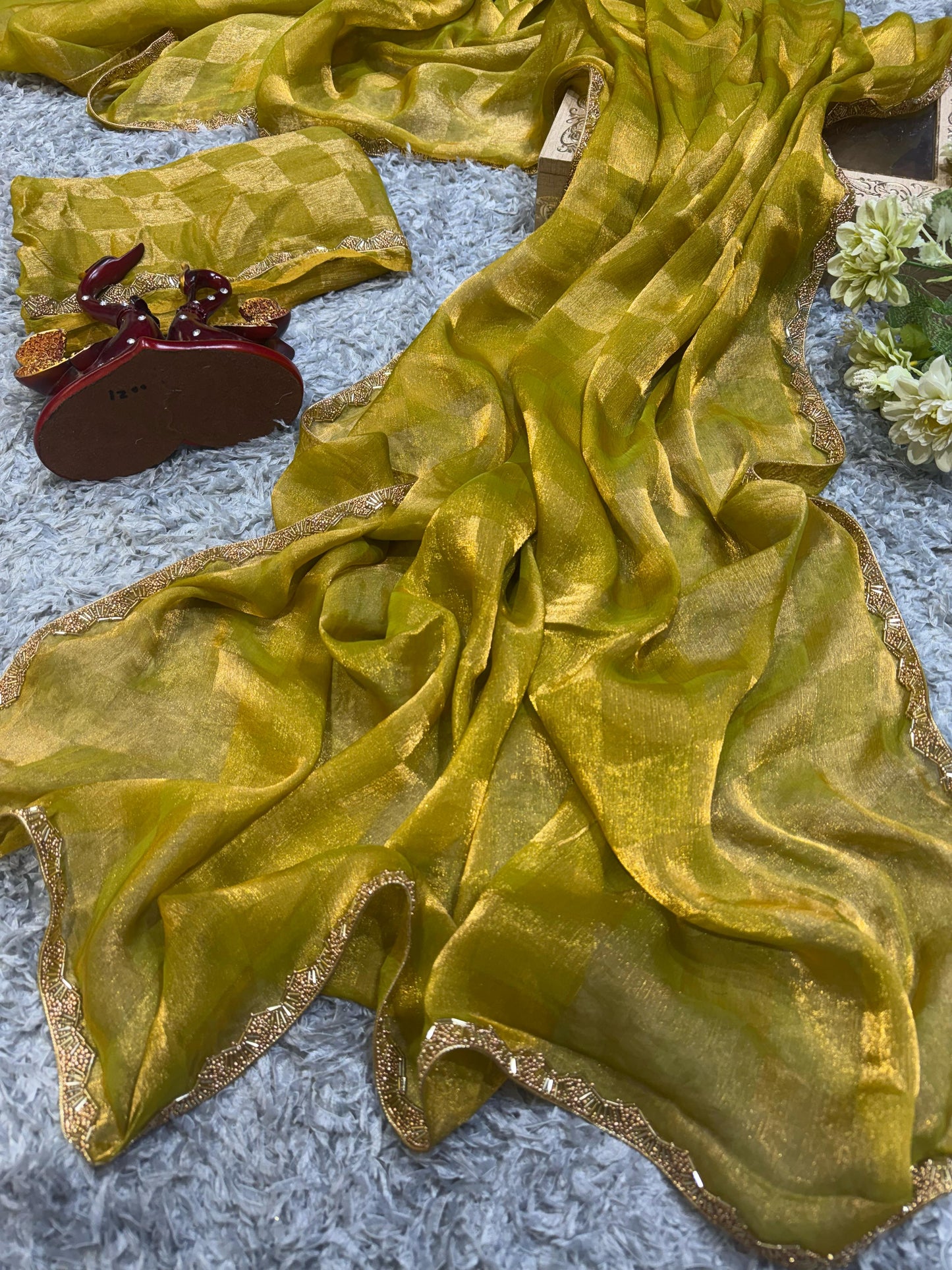 New Box Pattern Space Silk With Katdana Moti Work Saree