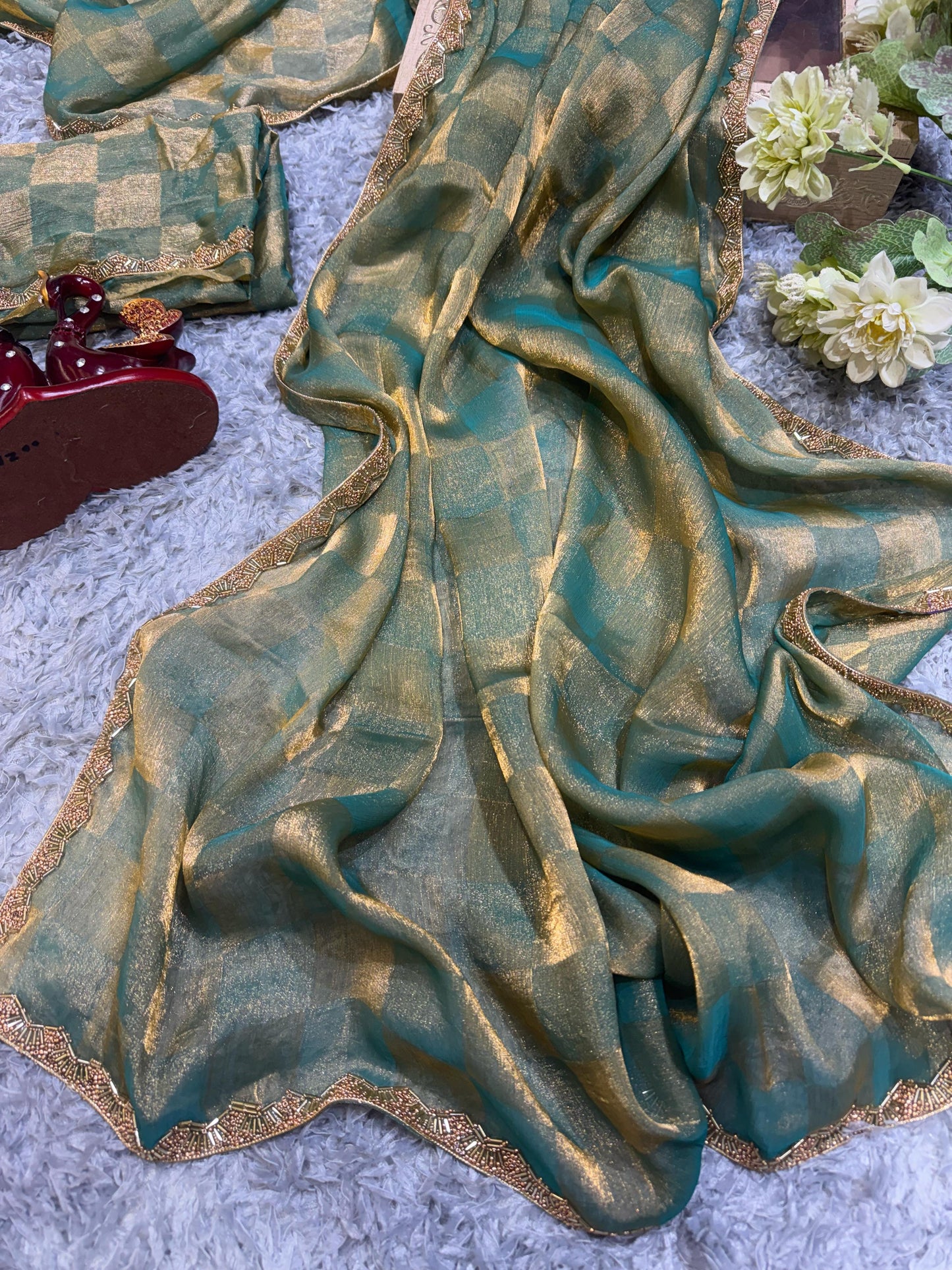 New Box Pattern Space Silk With Katdana Moti Work Saree