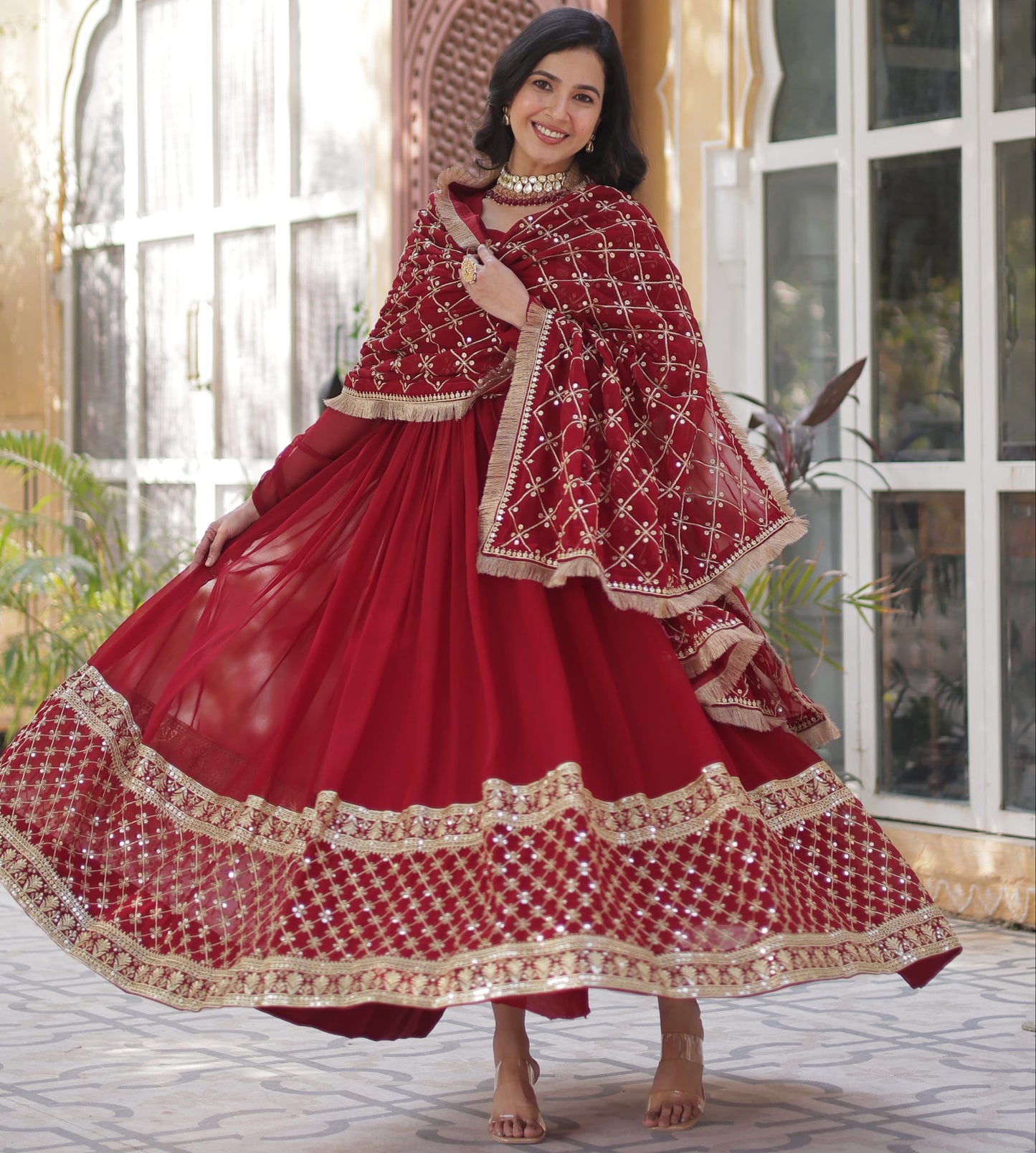 Maroon Faux Blooming with Embroidery Zari Work Gown With Dupatta