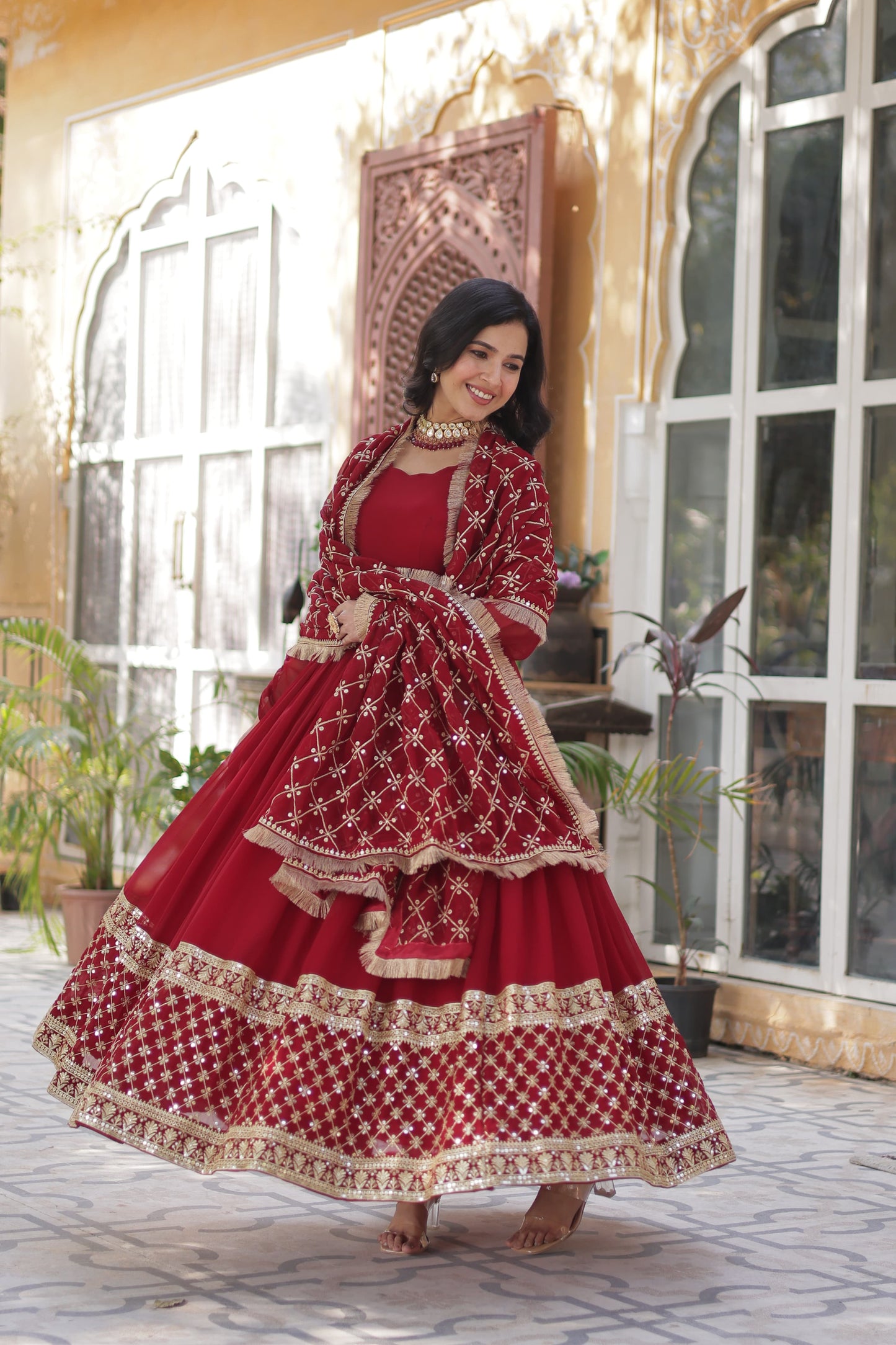 Maroon Faux Blooming with Embroidery Zari Work Gown With Dupatta