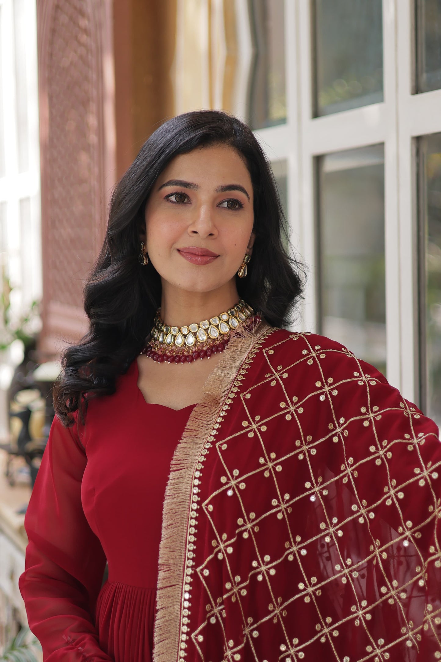 Maroon Faux Blooming with Embroidery Zari Work Gown With Dupatta