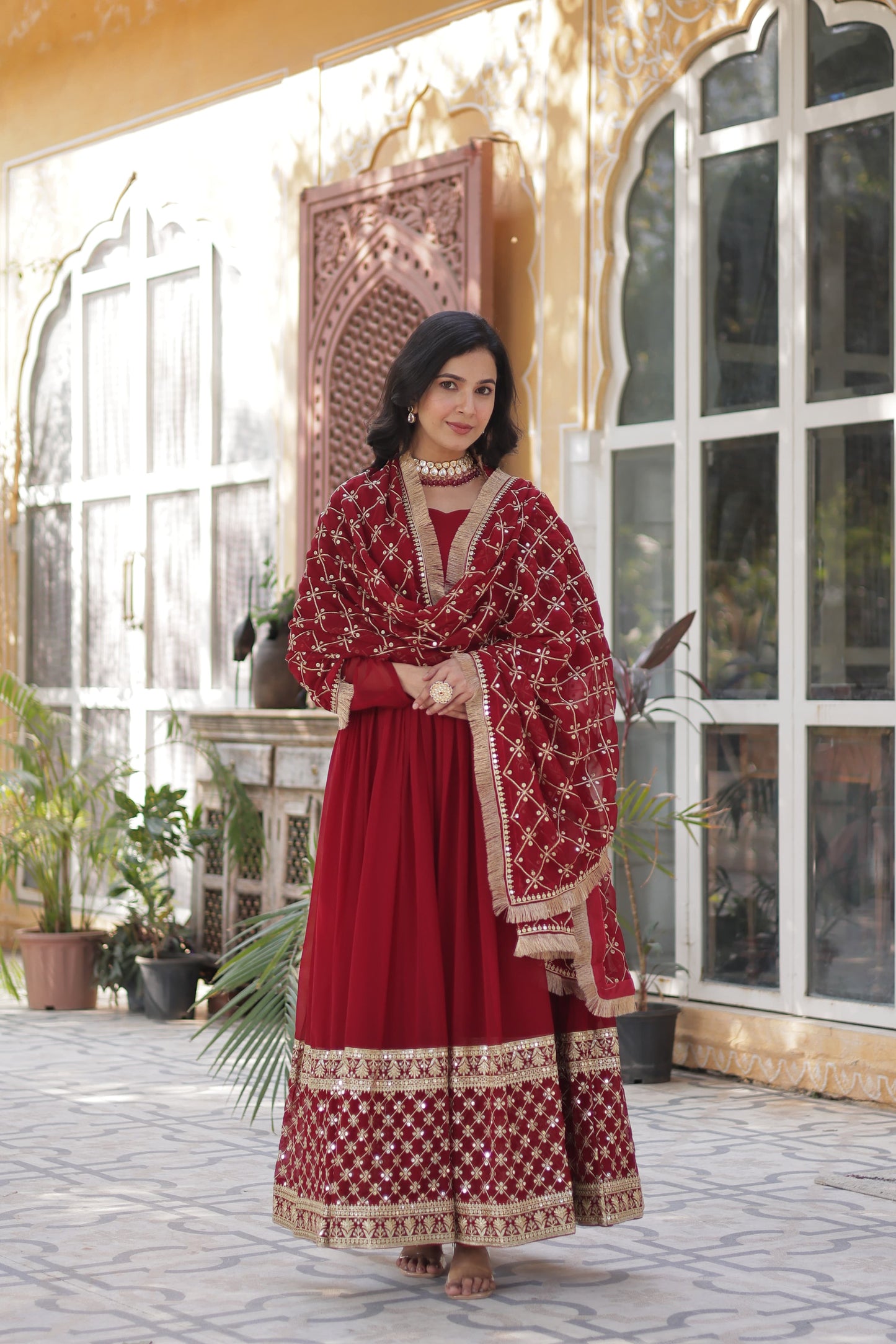 Maroon Faux Blooming with Embroidery Zari Work Gown With Dupatta