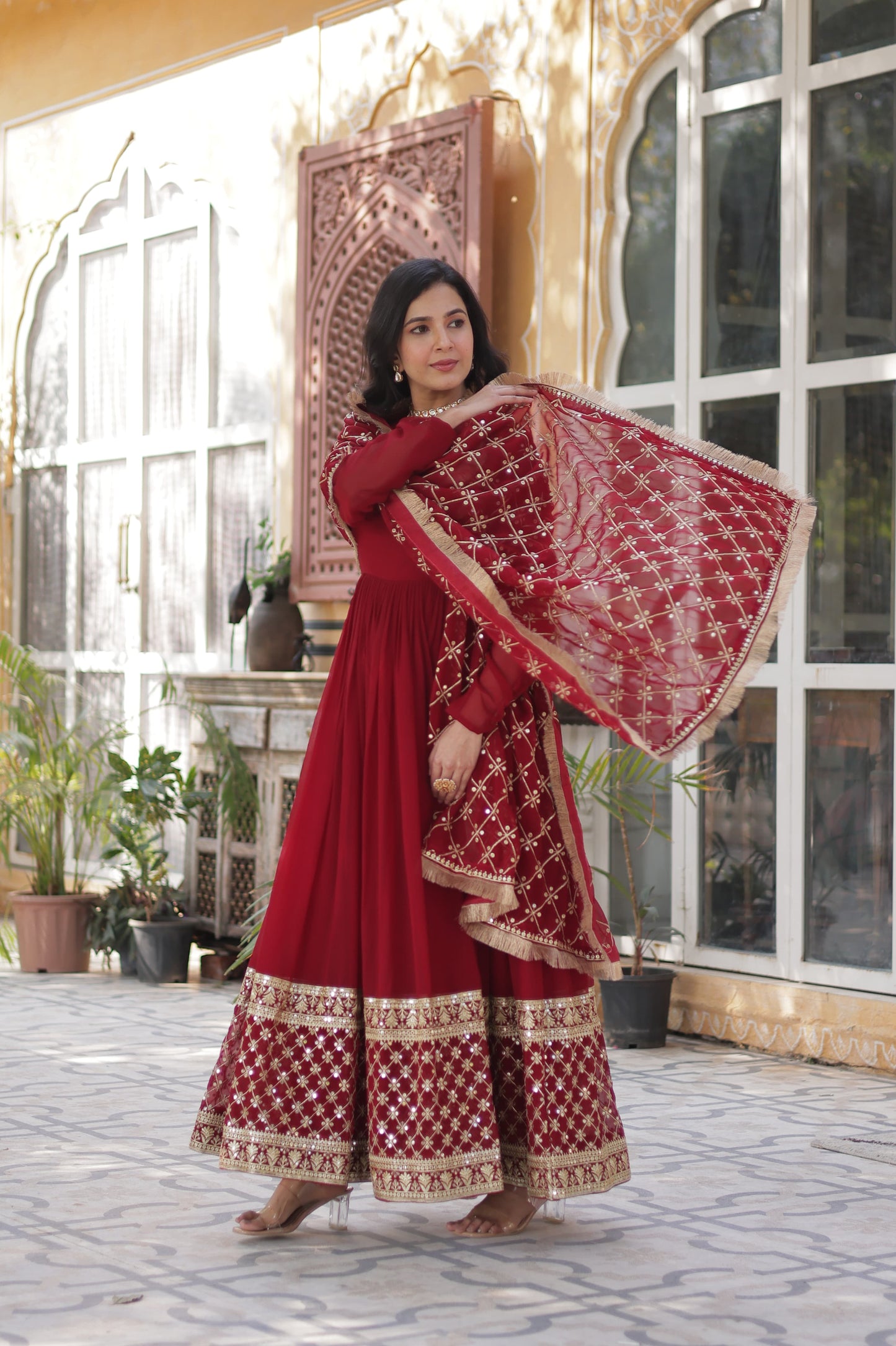 Maroon Faux Blooming with Embroidery Zari Work Gown With Dupatta