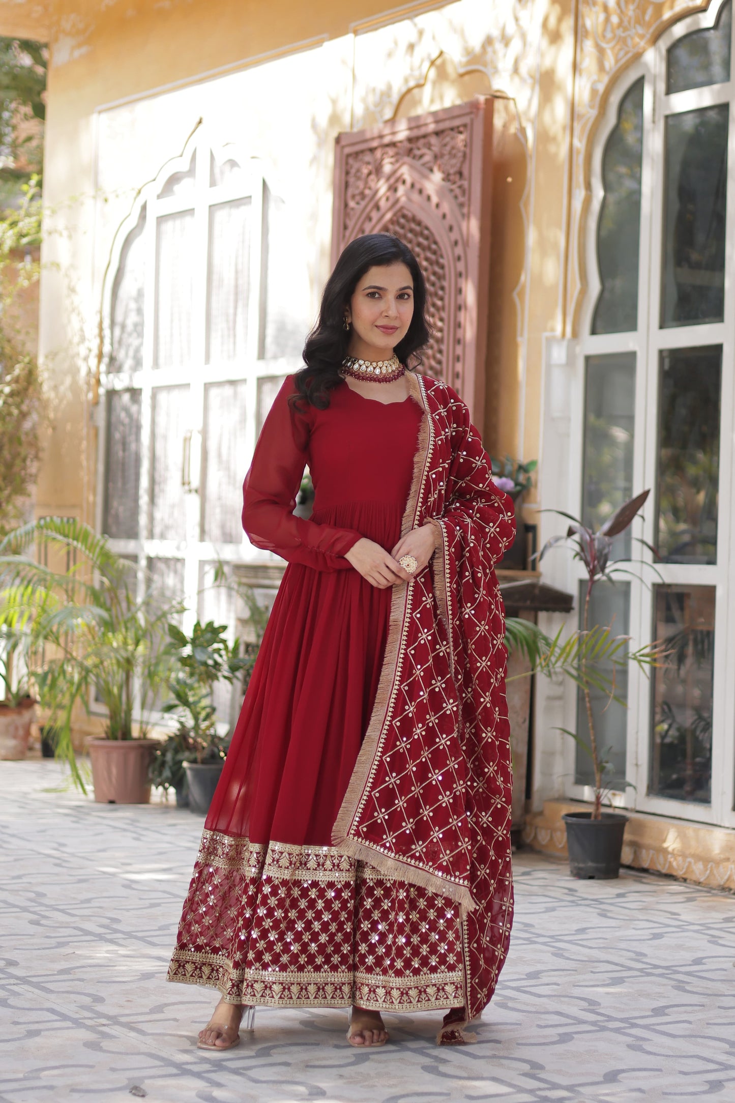Maroon Faux Blooming with Embroidery Zari Work Gown With Dupatta