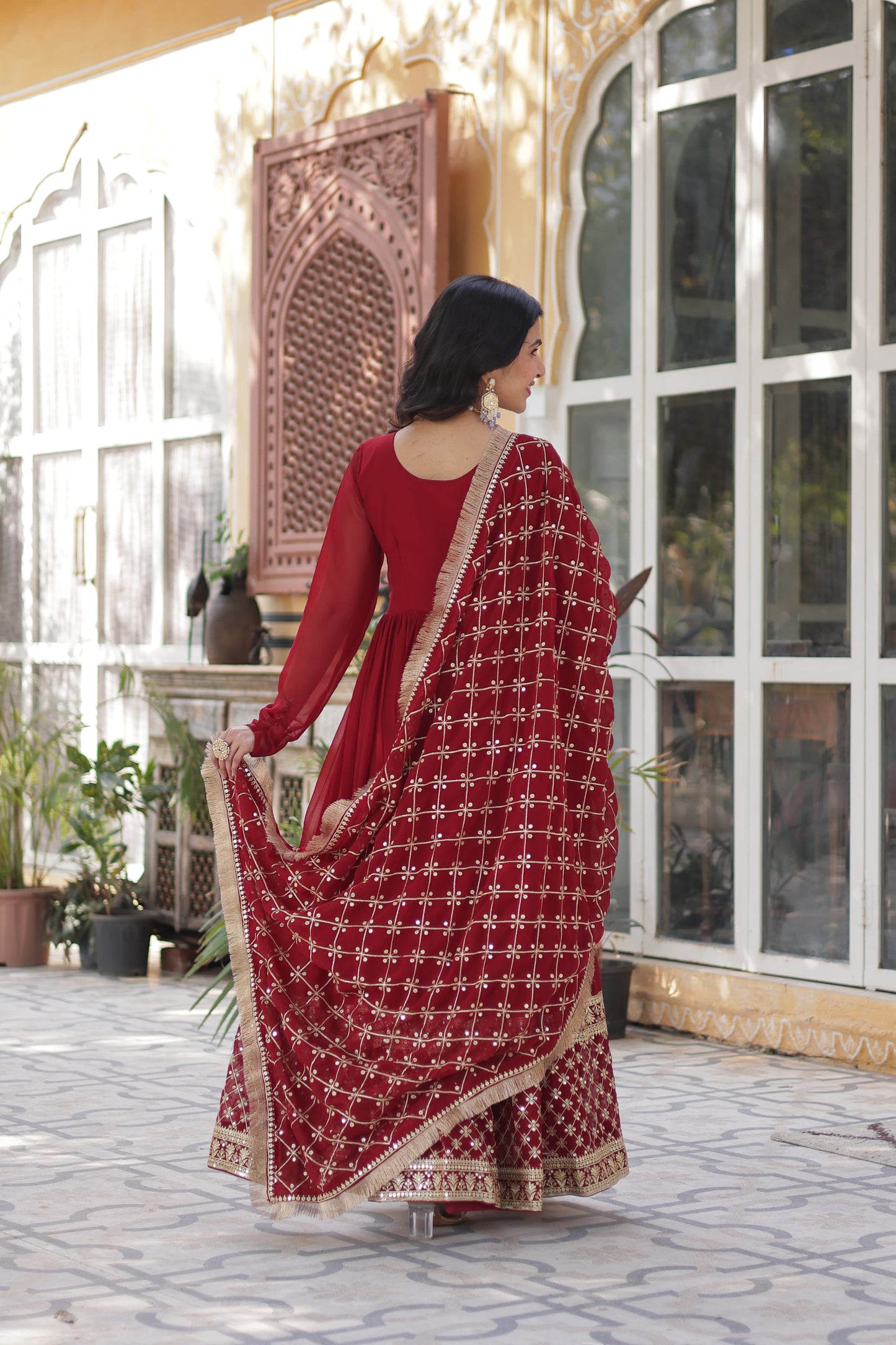 Maroon Faux Blooming with Embroidery Zari Work Gown With Dupatta