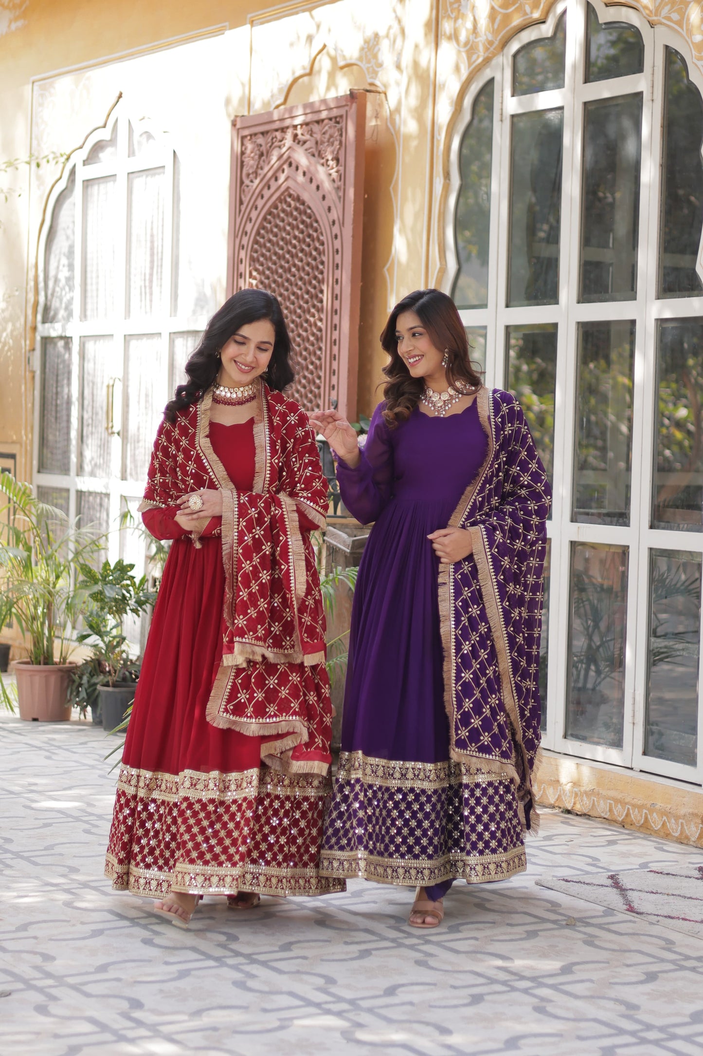 Maroon Faux Blooming with Embroidery Zari Work Gown With Dupatta
