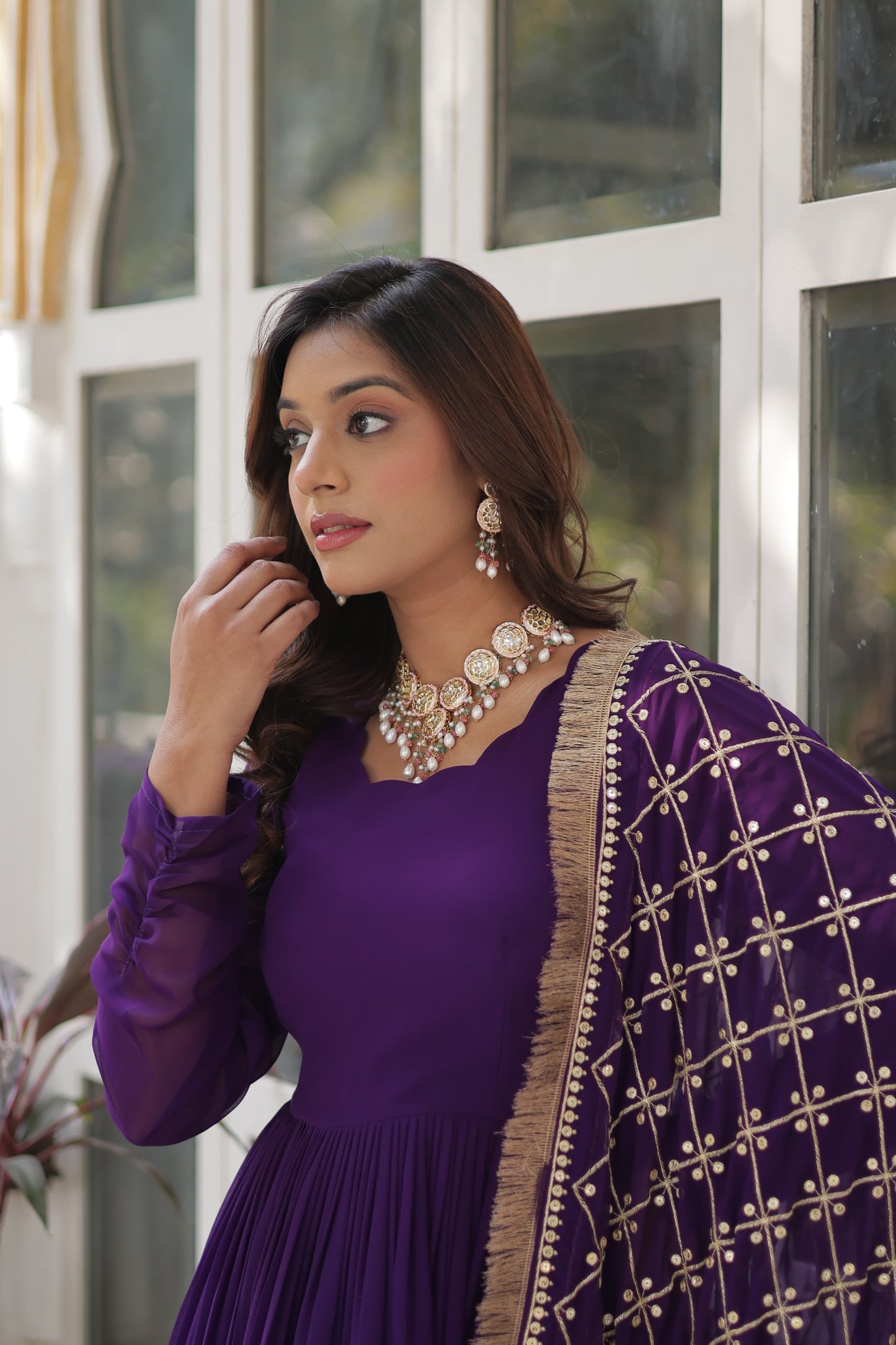 Maroon Faux Blooming with Embroidery Zari Work Gown With Dupatta