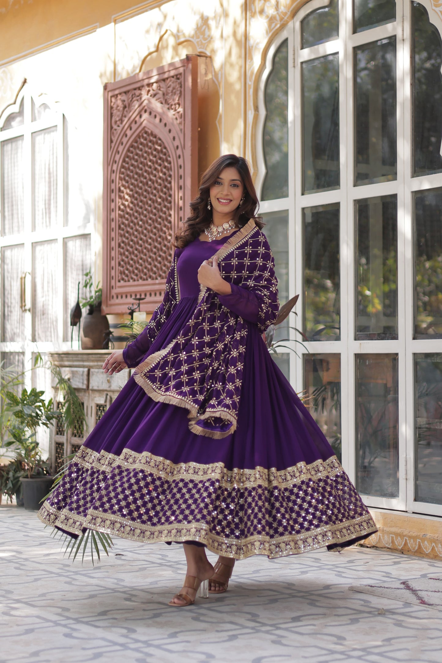 Maroon Faux Blooming with Embroidery Zari Work Gown With Dupatta