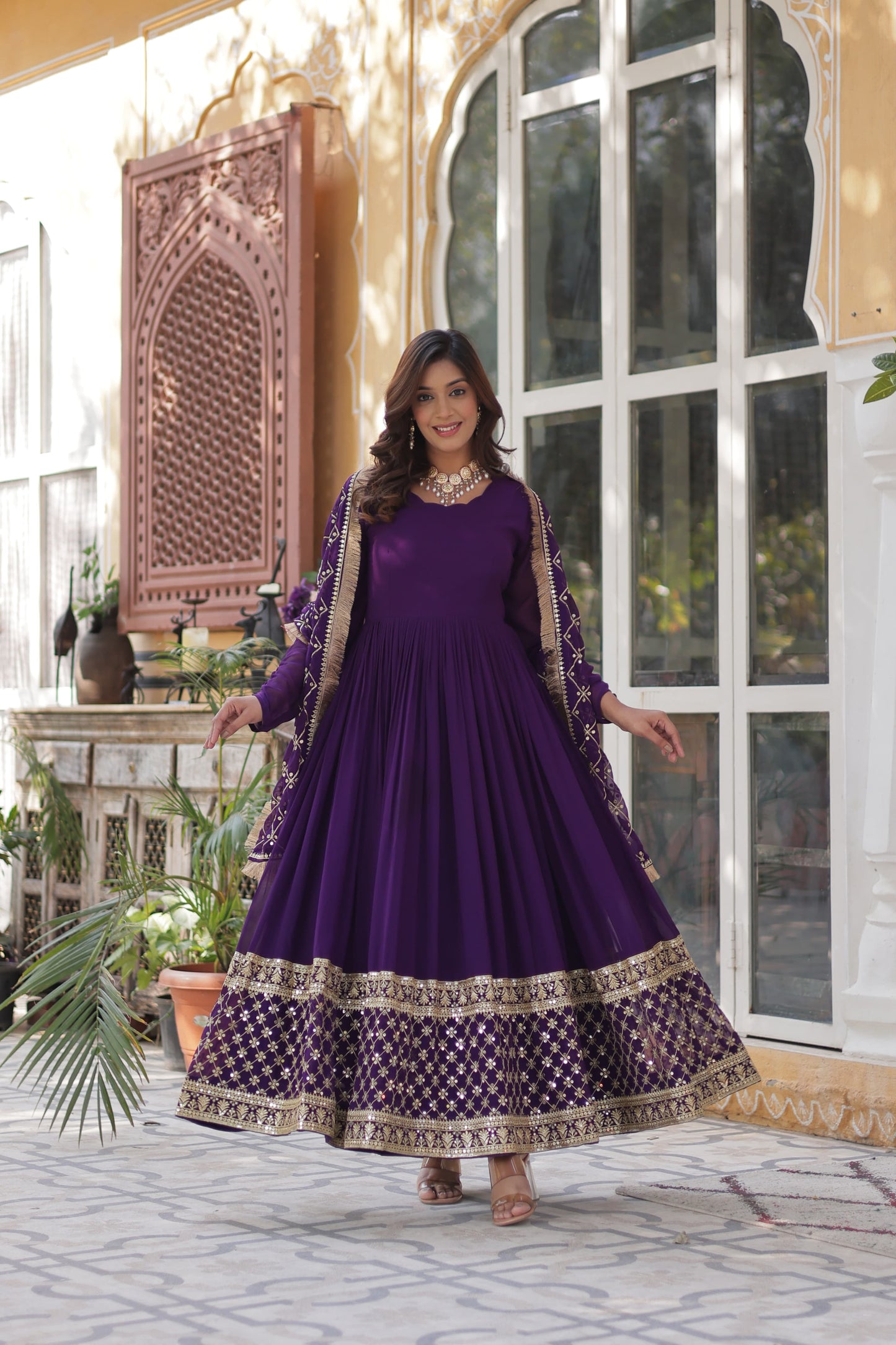 Maroon Faux Blooming with Embroidery Zari Work Gown With Dupatta
