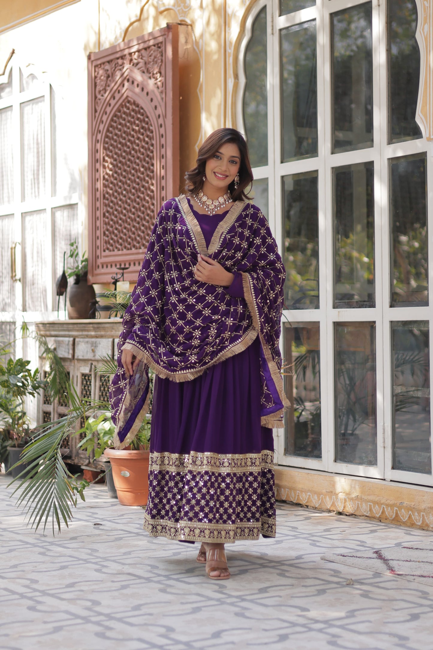 Maroon Faux Blooming with Embroidery Zari Work Gown With Dupatta