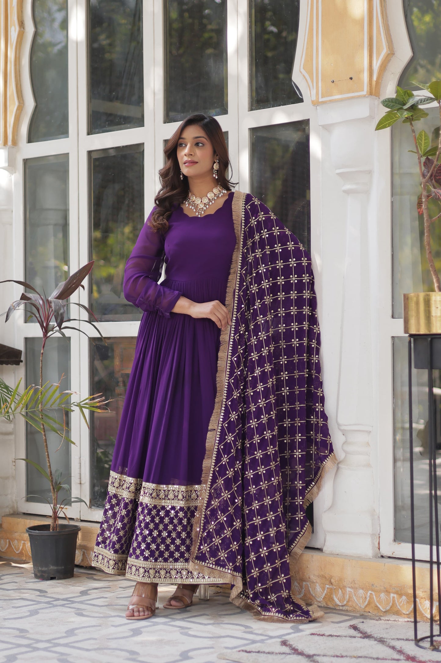 Maroon Faux Blooming with Embroidery Zari Work Gown With Dupatta