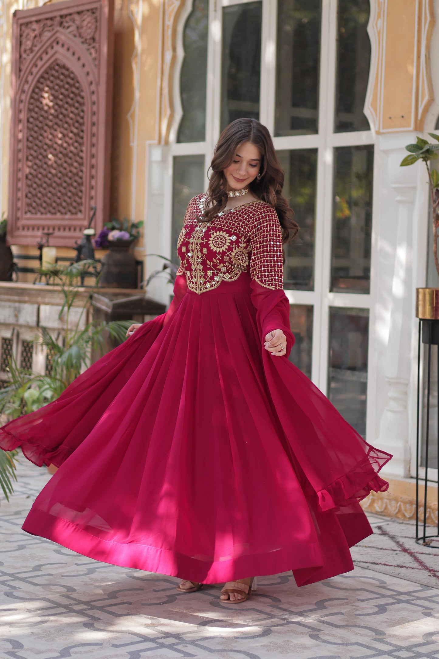 Primium Georgette with Attractive Embroidered Work Gown With Dupatta