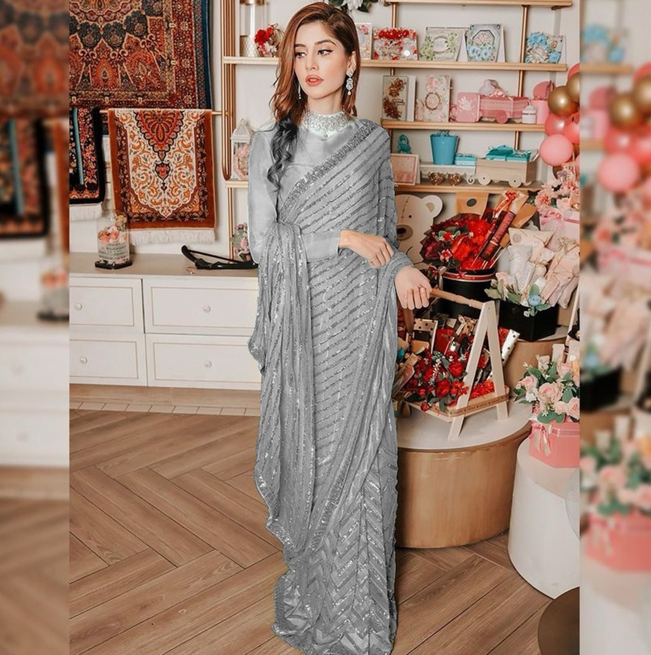 Silver Soft Georgette Sequins Saree