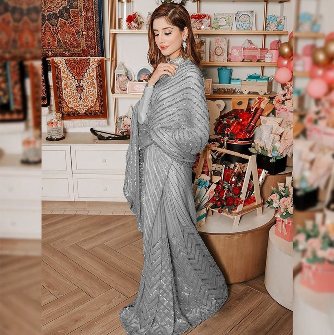 Silver Soft Georgette Sequins Saree