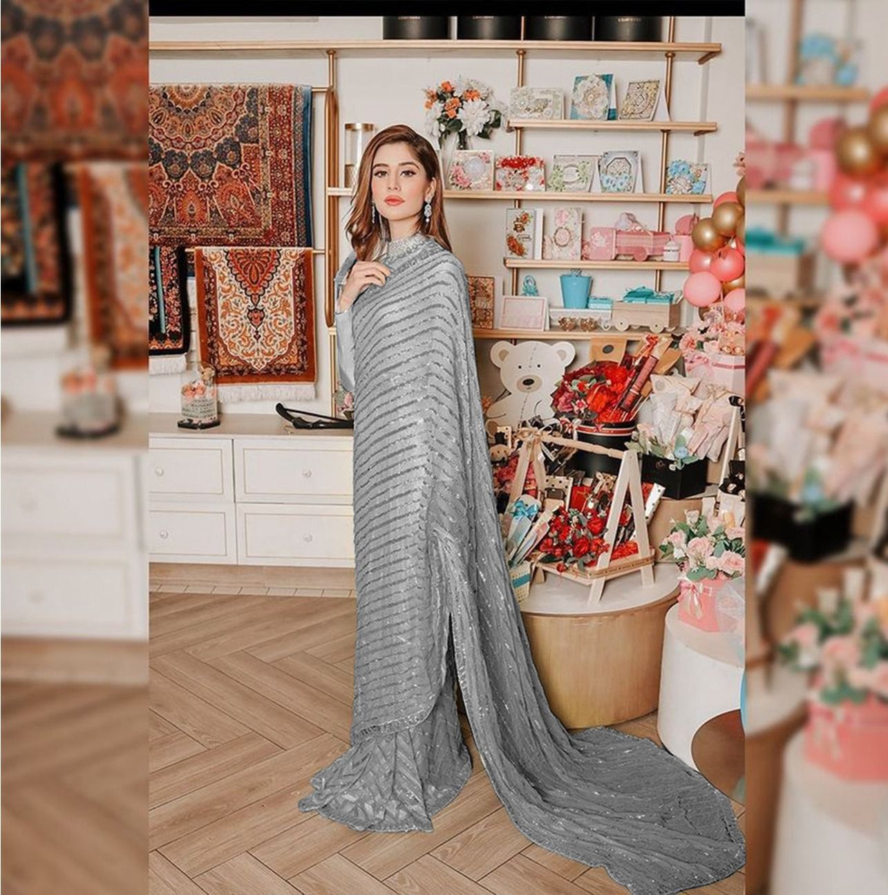 Silver Soft Georgette Sequins Saree