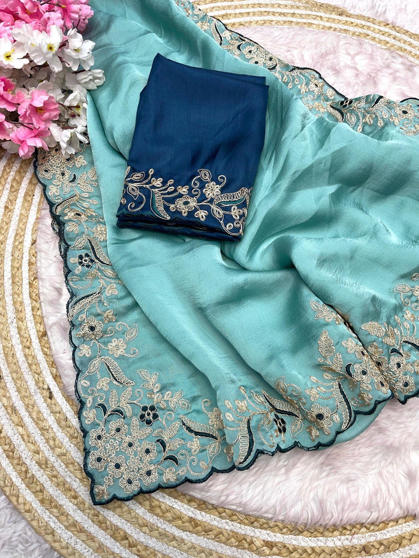 Malai Silk Satin With Cut Work Border Saree