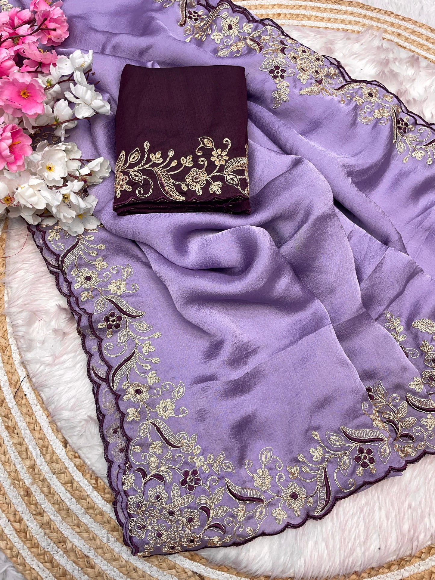 Malai Silk Satin With Cut Work Border Saree
