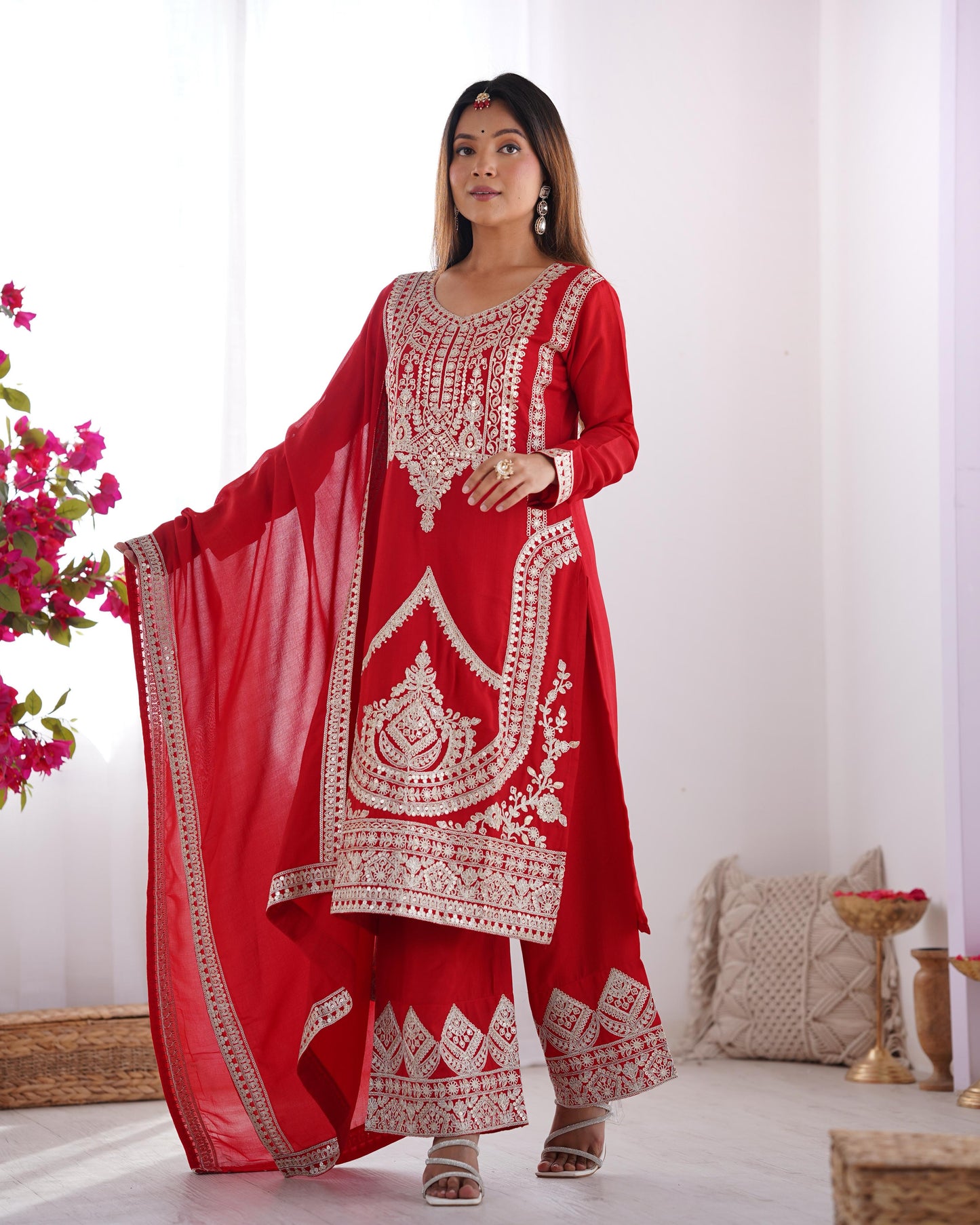 Red Pure Vichitra Silk With Embroidery Dori work 3pc Kurta Set