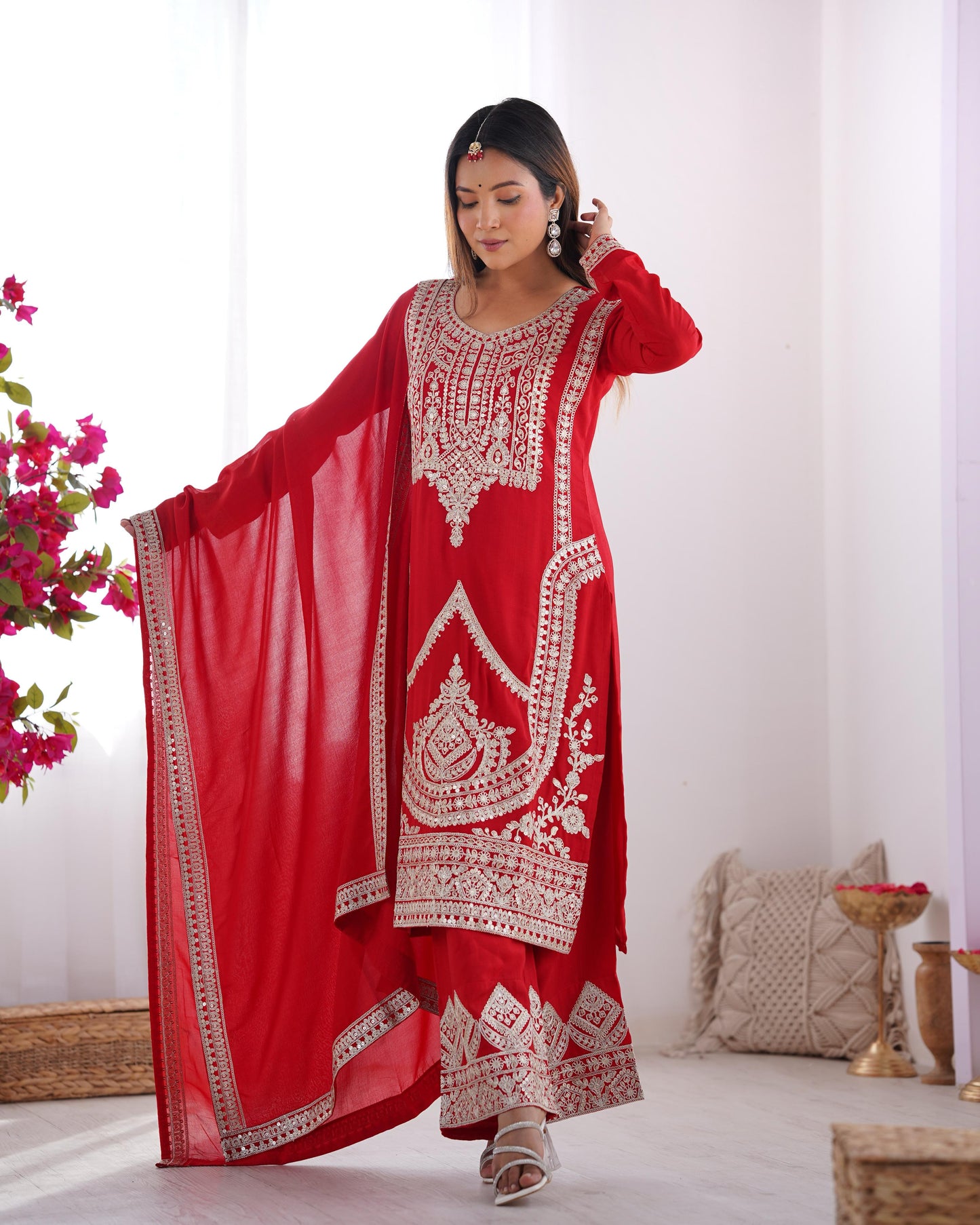 Red Pure Vichitra Silk With Embroidery Dori work 3pc Kurta Set