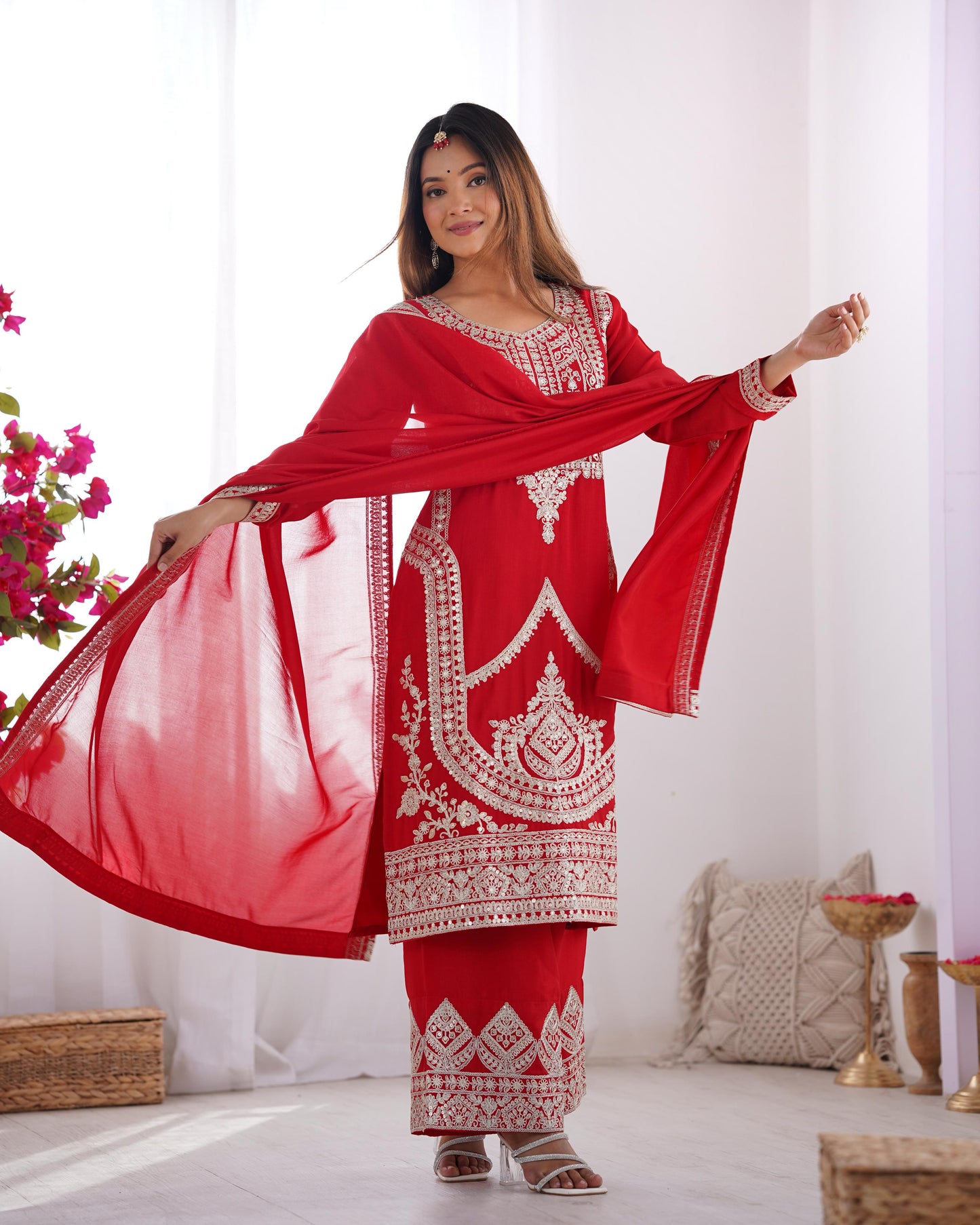 Red Pure Vichitra Silk With Embroidery Dori work 3pc Kurta Set
