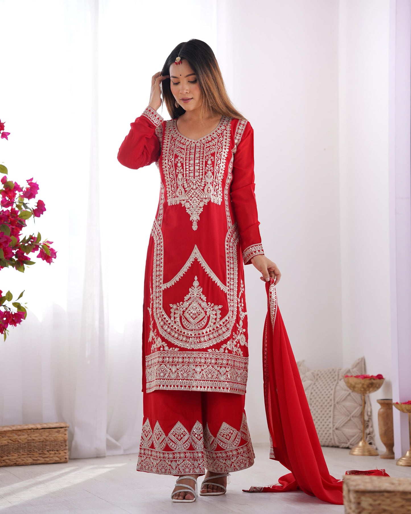 Red Pure Vichitra Silk With Embroidery Dori work 3pc Kurta Set