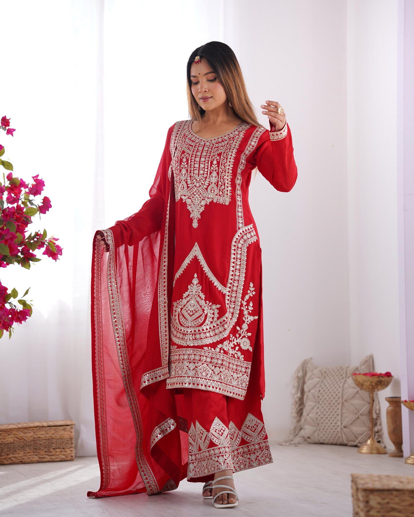 Red Pure Vichitra Silk With Embroidery Dori work 3pc Kurta Set