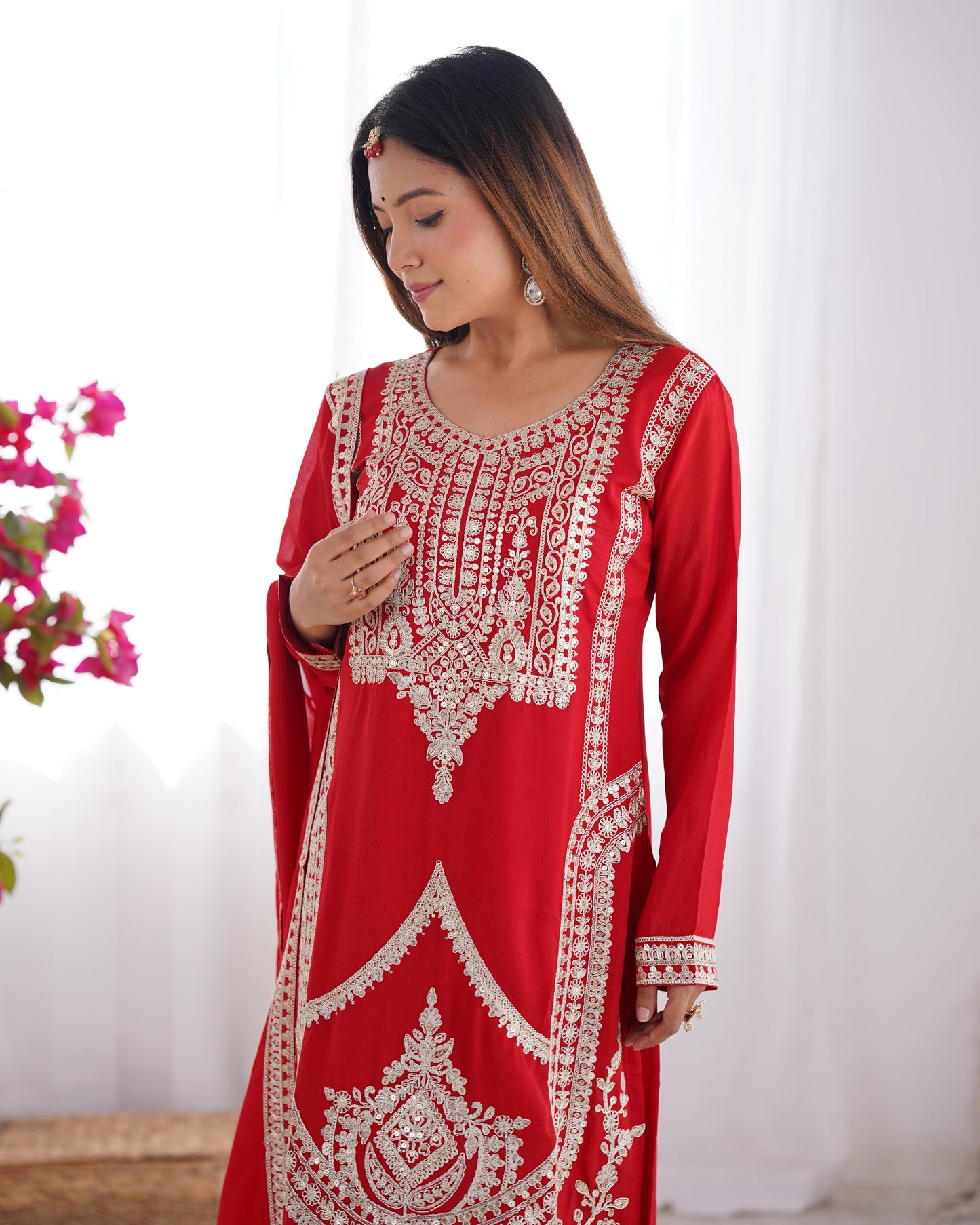 Red Pure Vichitra Silk With Embroidery Dori work 3pc Kurta Set