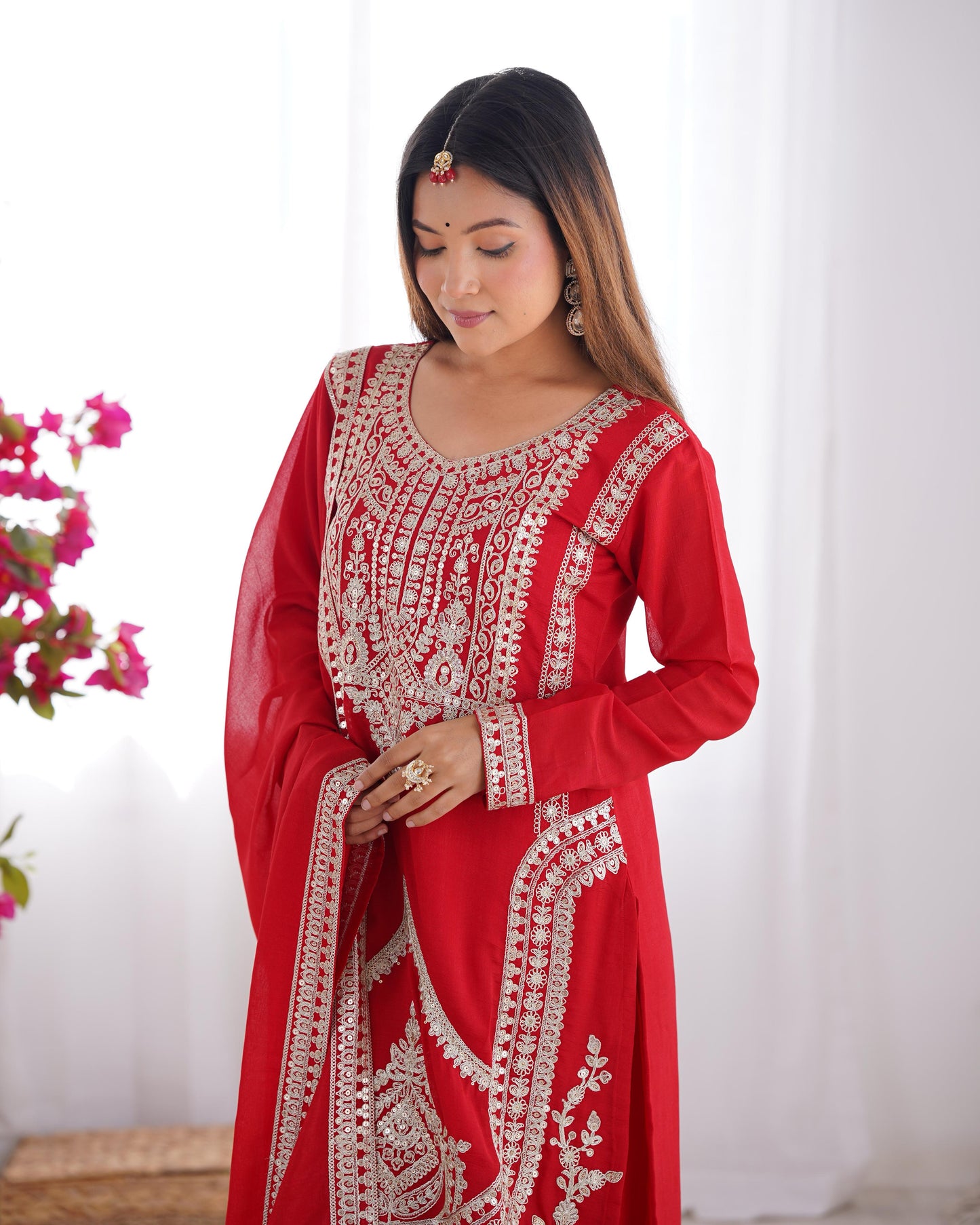 Red Pure Vichitra Silk With Embroidery Dori work 3pc Kurta Set