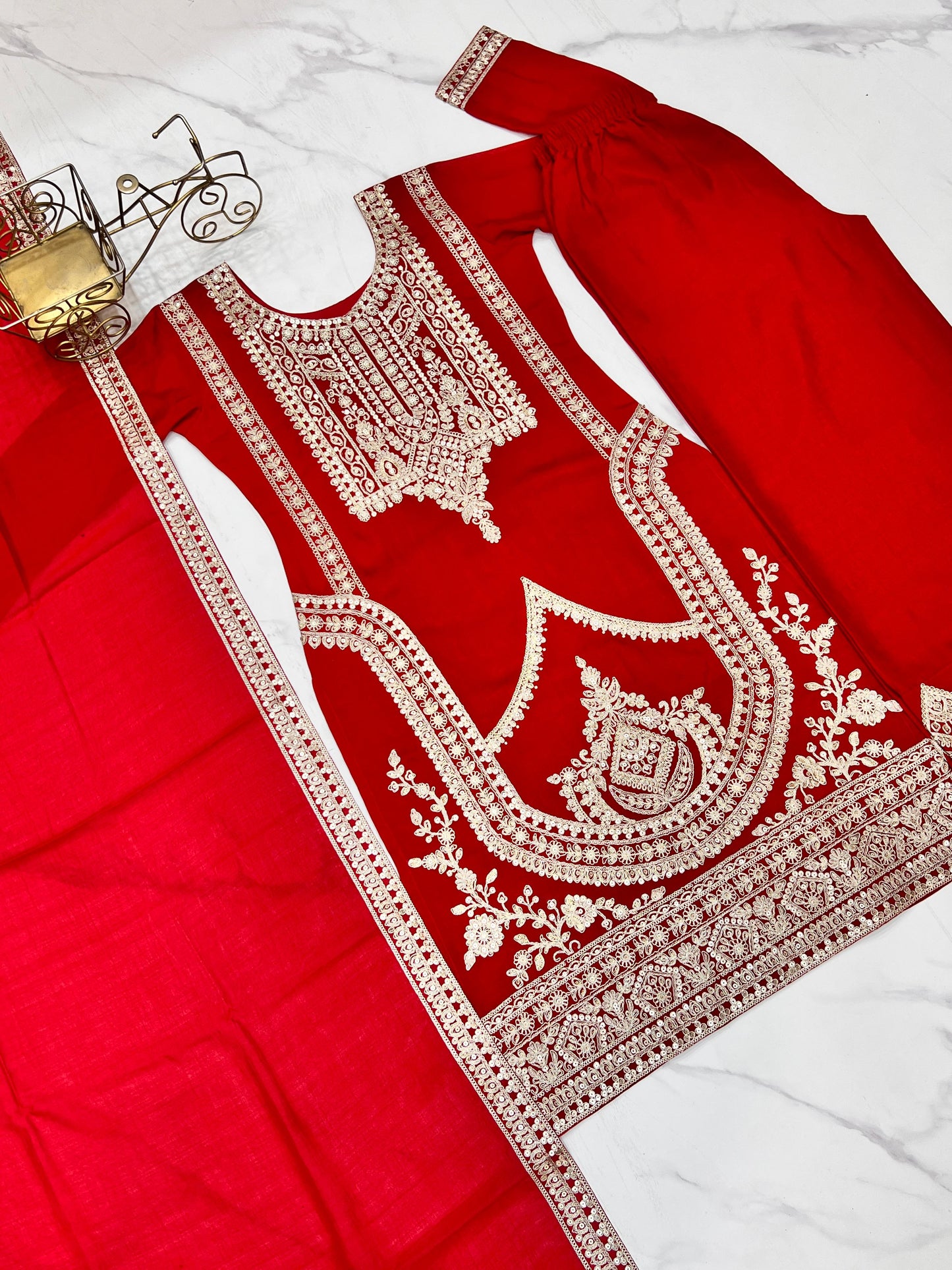 Red Pure Vichitra Silk With Embroidery Dori work 3pc Kurta Set