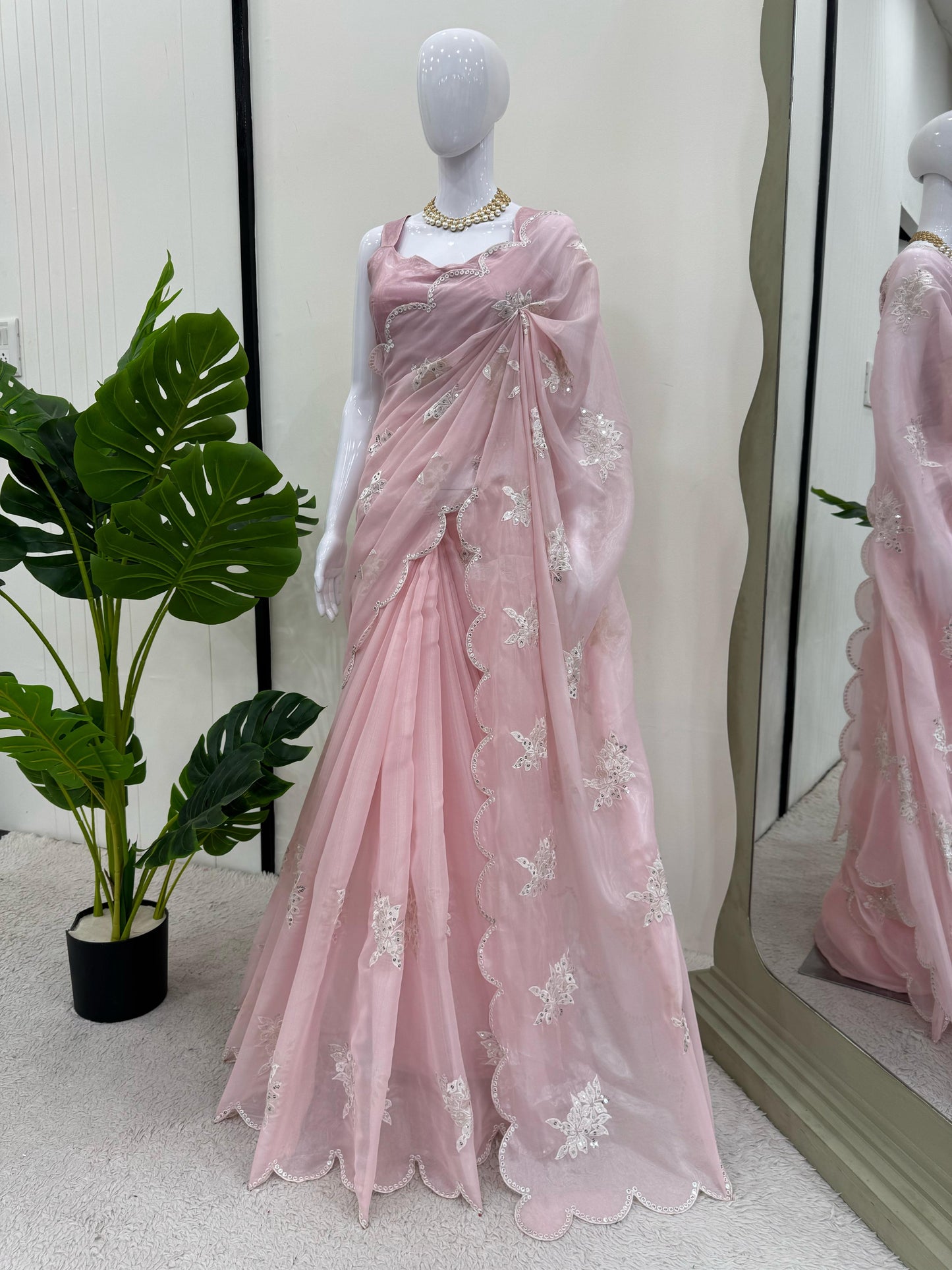 Baby Pink Heavy Zimmy Chu Thread Sequins Work Saree