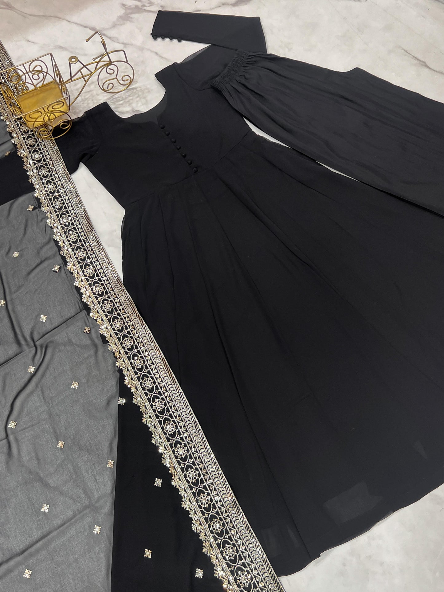 Black Fox Georgette Potli Button Work 3pc Kurta Set