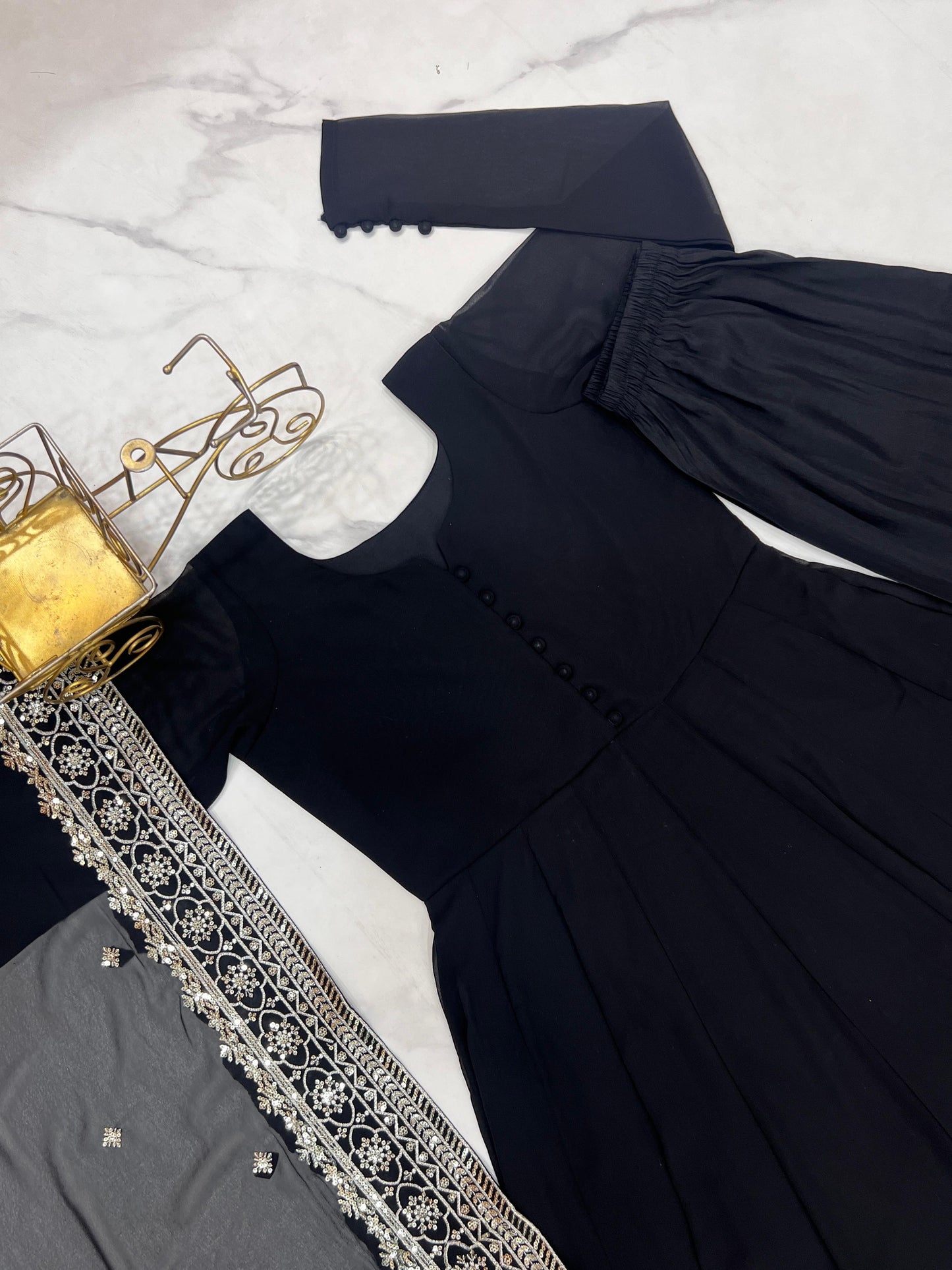 Black Fox Georgette Potli Button Work 3pc Kurta Set