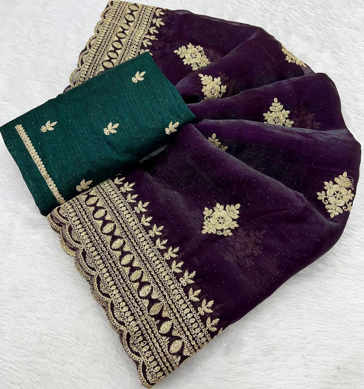 Candy Chiffon With Multi-Coding Embroidery Work Saree