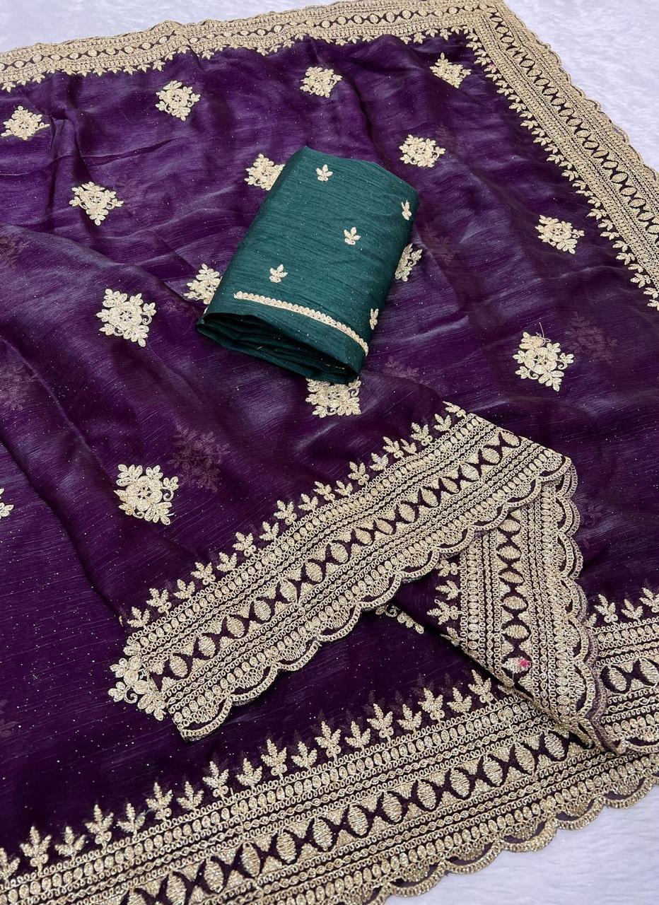 Candy Chiffon With Multi-Coding Embroidery Work Saree