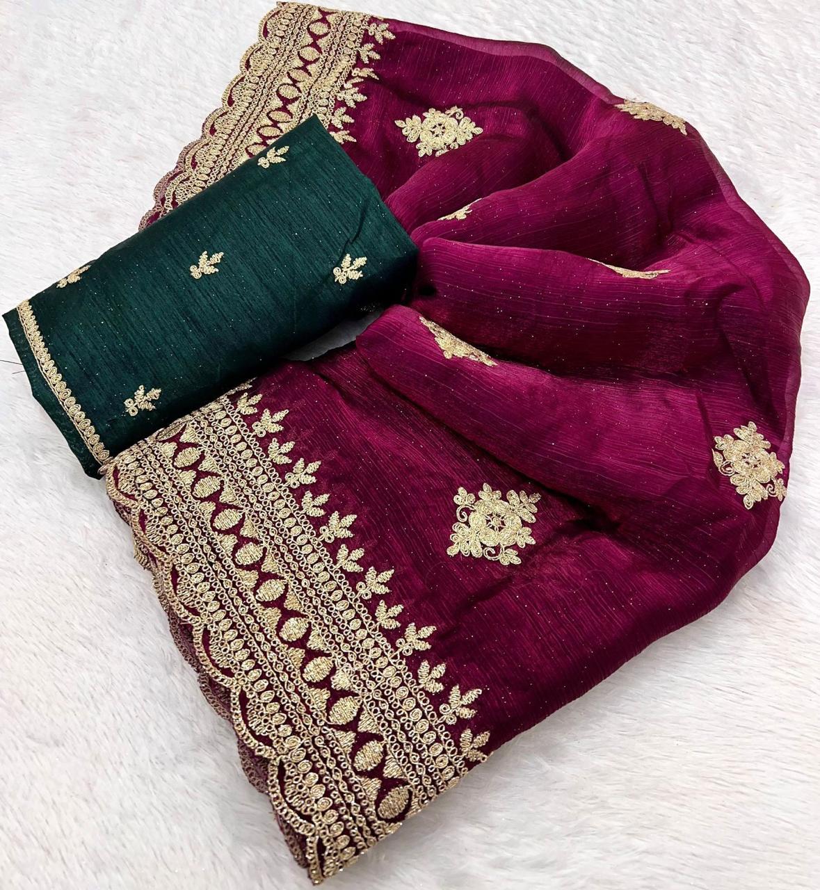 Candy Chiffon With Multi-Coding Embroidery Work Saree