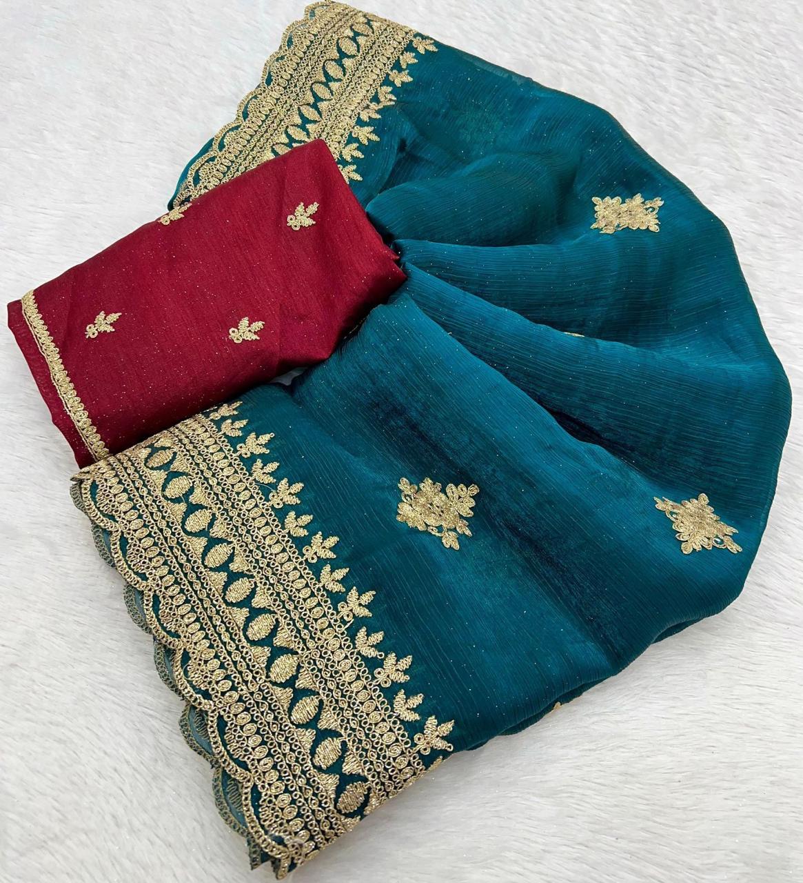 Candy Chiffon With Multi-Coding Embroidery Work Saree