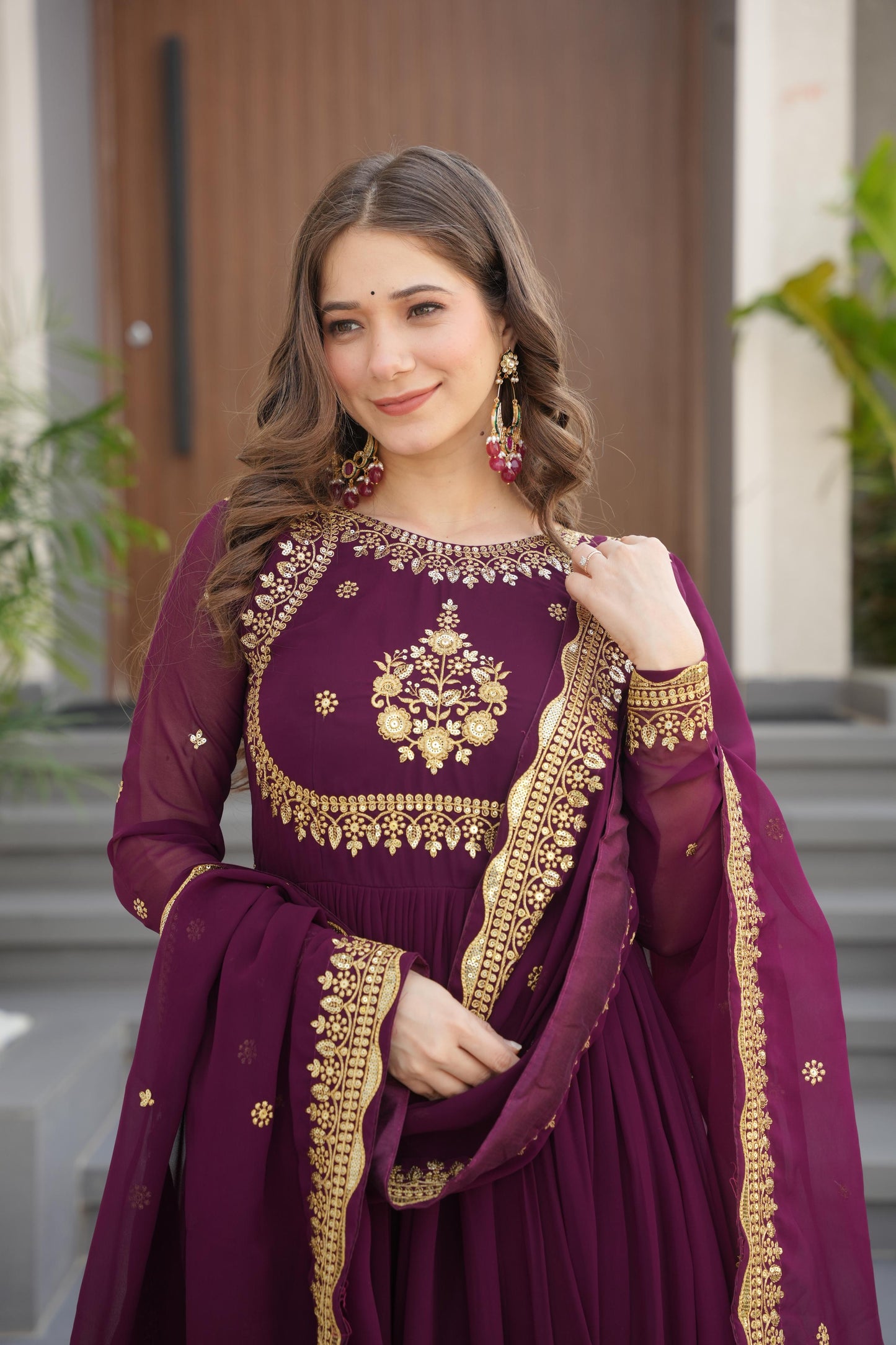 Wine Georgette With Zari Thread & Sequins Embroidery Gown With Dupatta